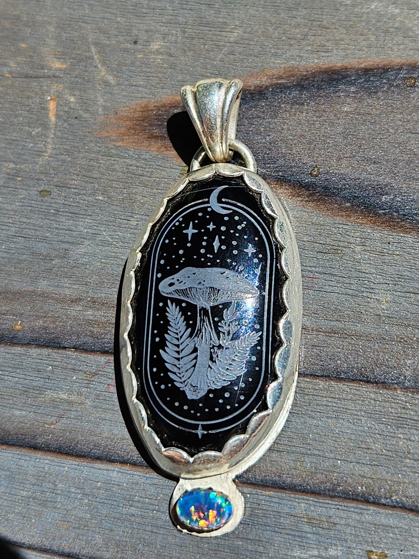 Mushroom Engraved Onyx and Black Opal Pendant