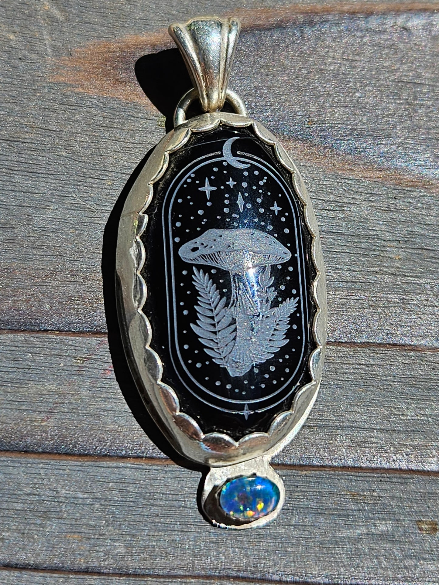 Mushroom Engraved Onyx and Black Opal Pendant