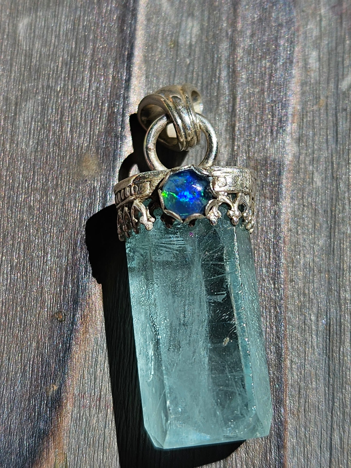 "Snow" Aquamarine and Black Opal Pendant
