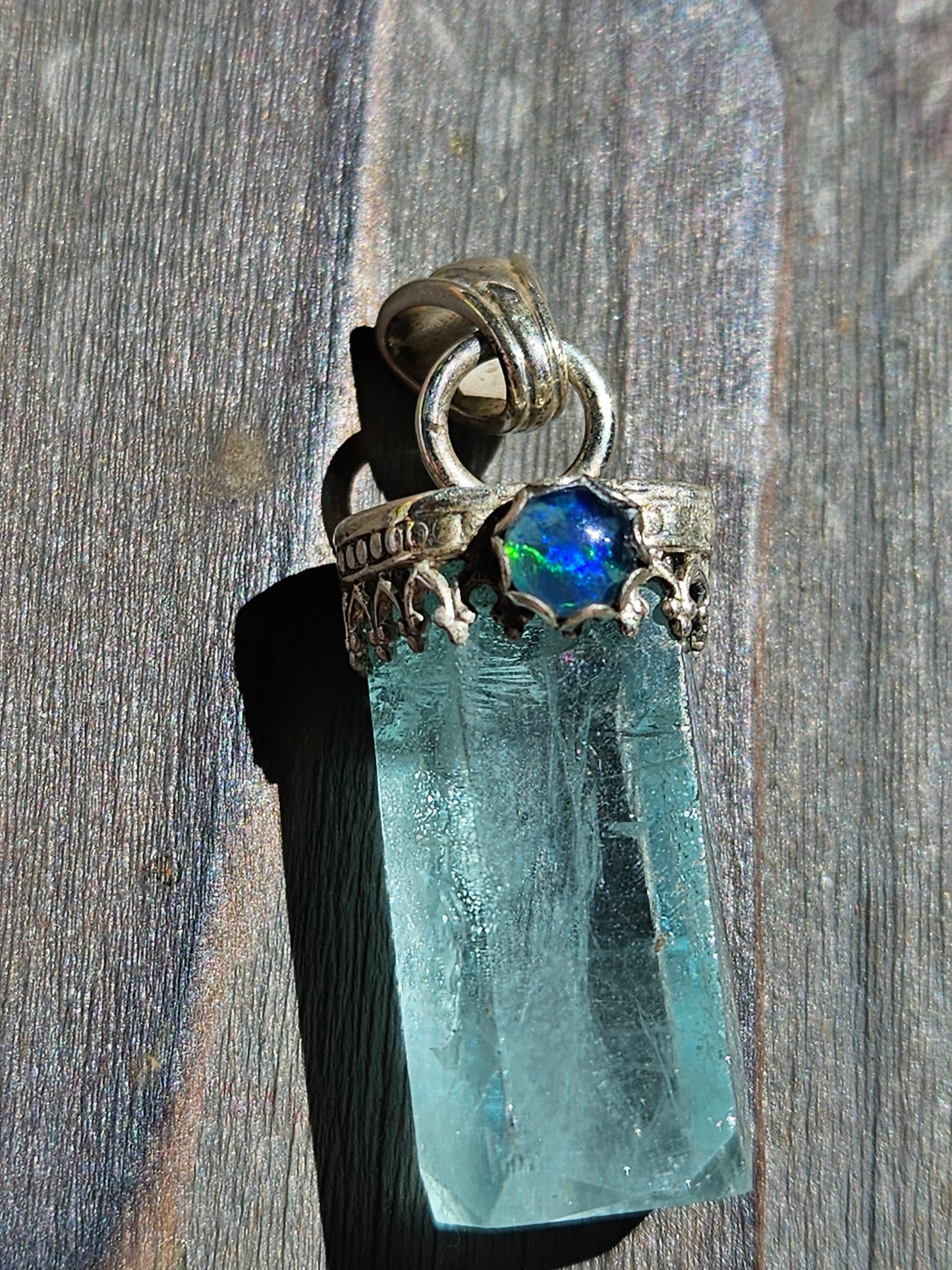"Snow" Aquamarine and Black Opal Pendant