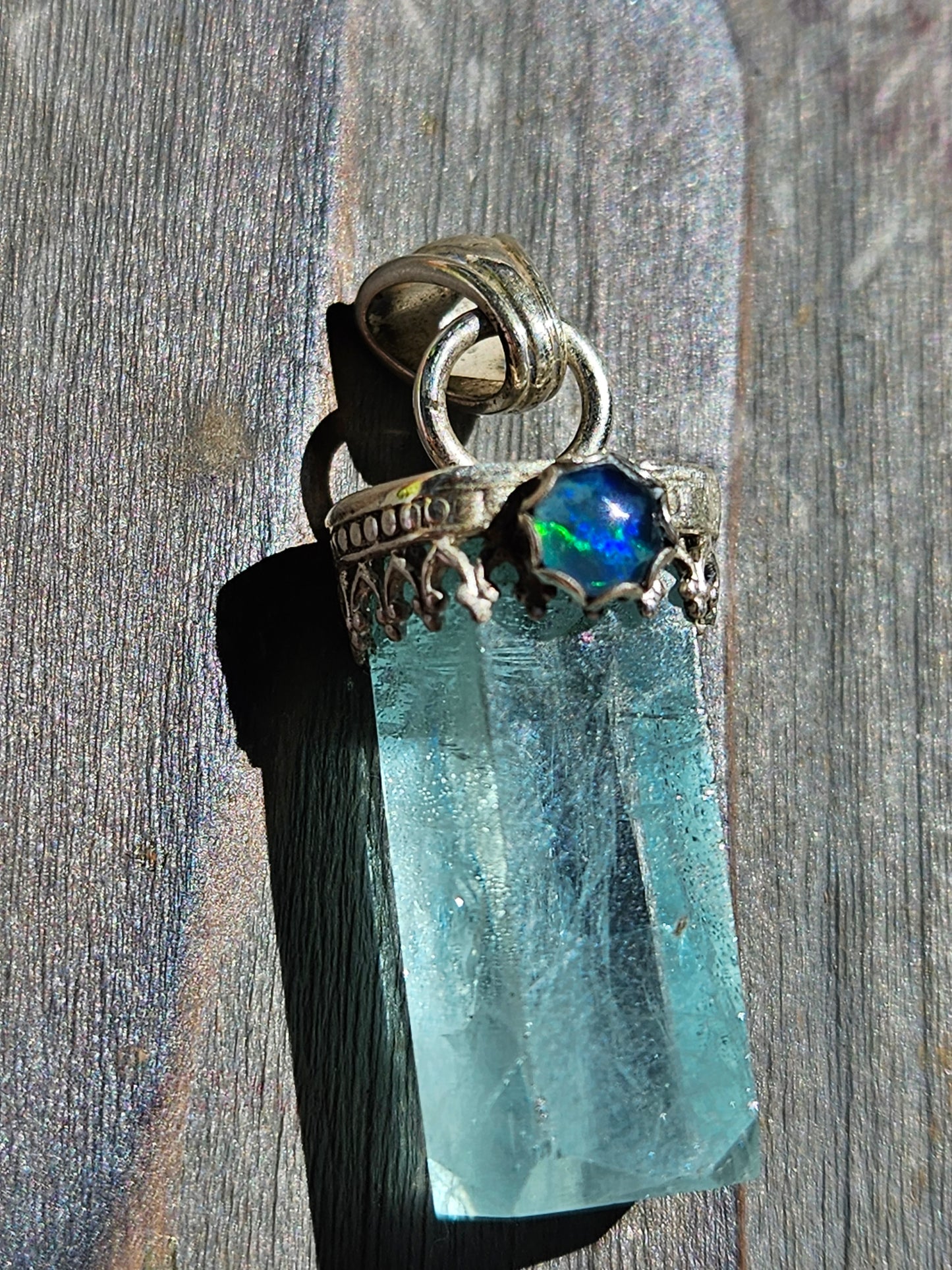 "Snow" Aquamarine and Black Opal Pendant