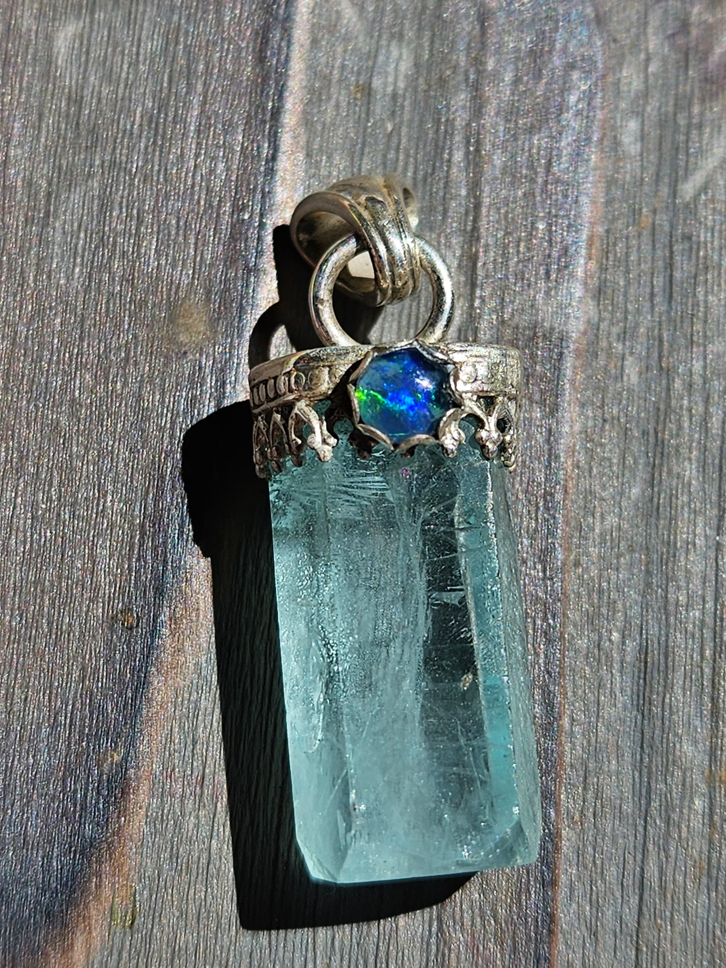 "Snow" Aquamarine and Black Opal Pendant