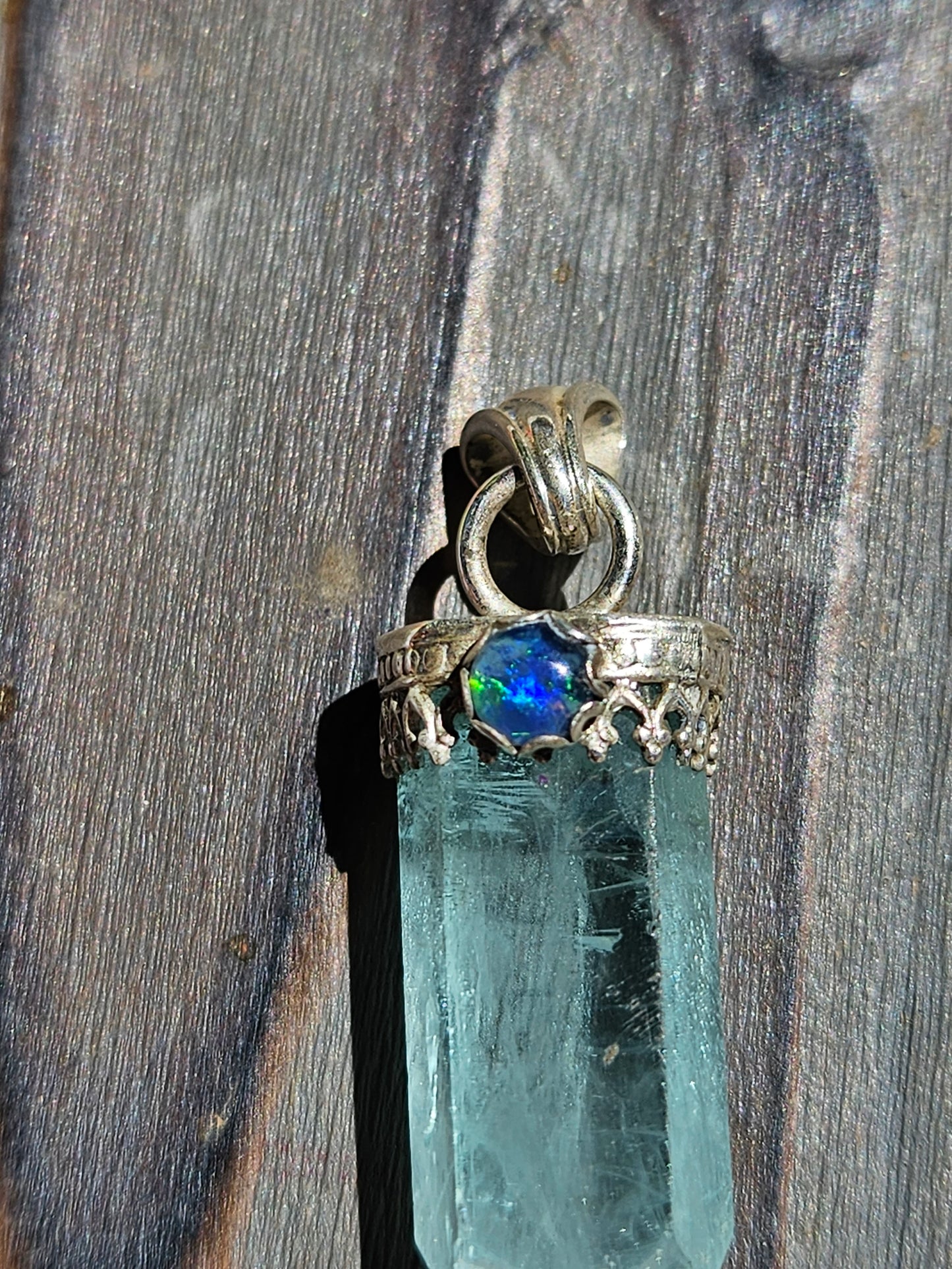 "Snow" Aquamarine and Black Opal Pendant
