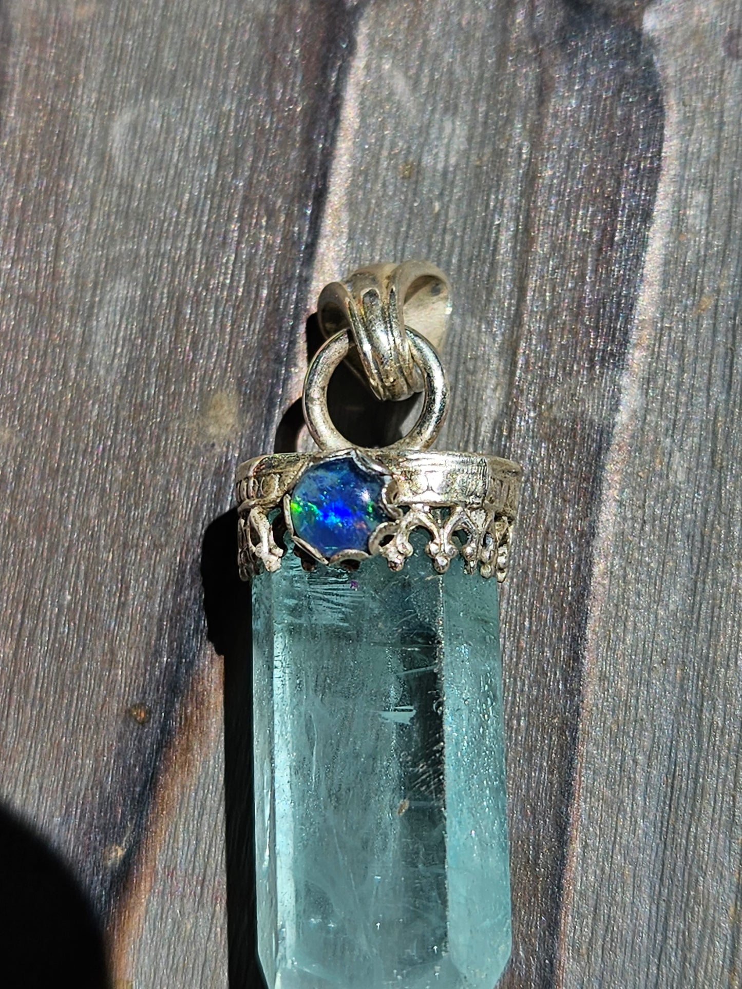 "Snow" Aquamarine and Black Opal Pendant