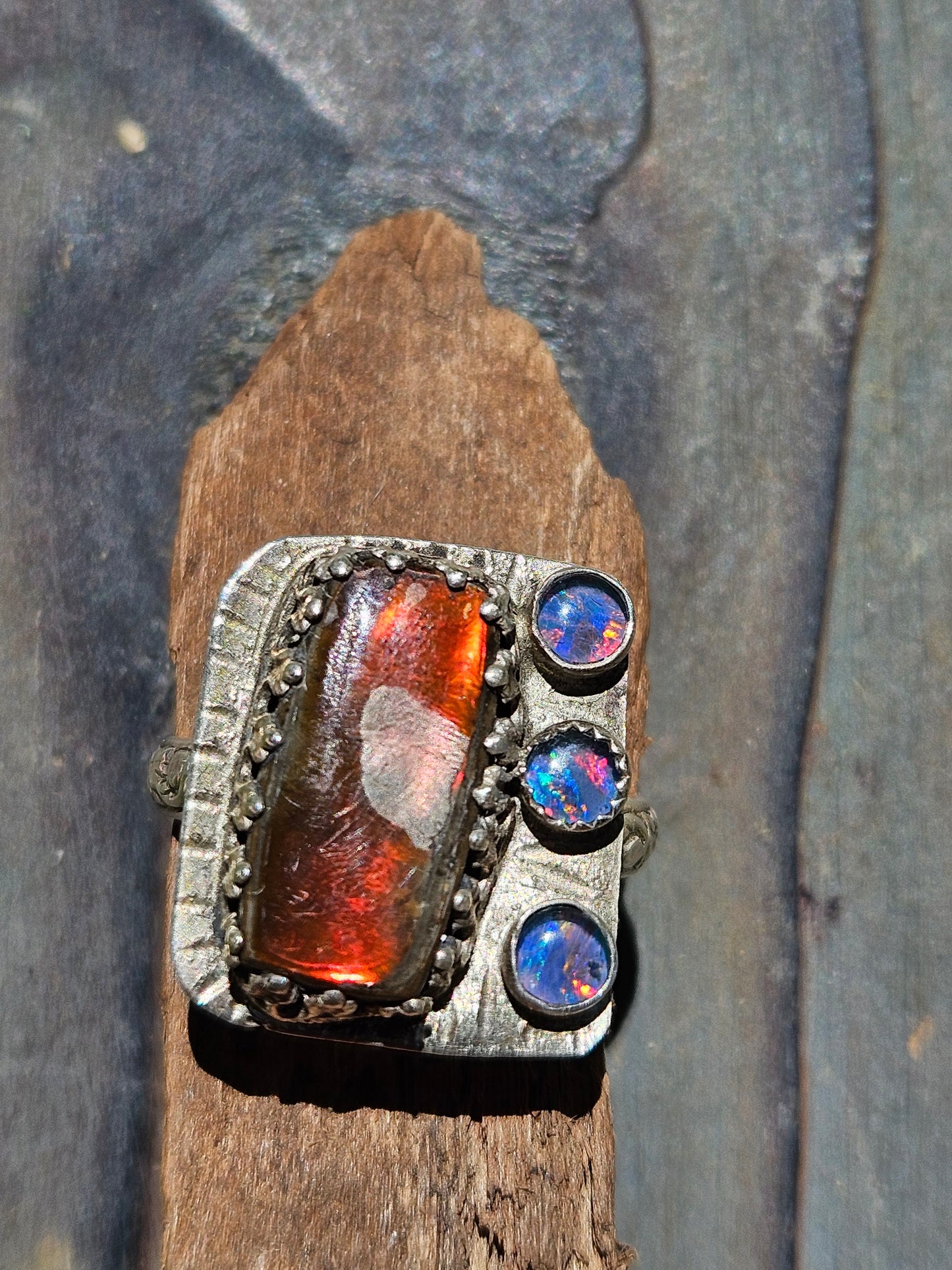Ammolite and Black Australian Opal Ring, size 8
