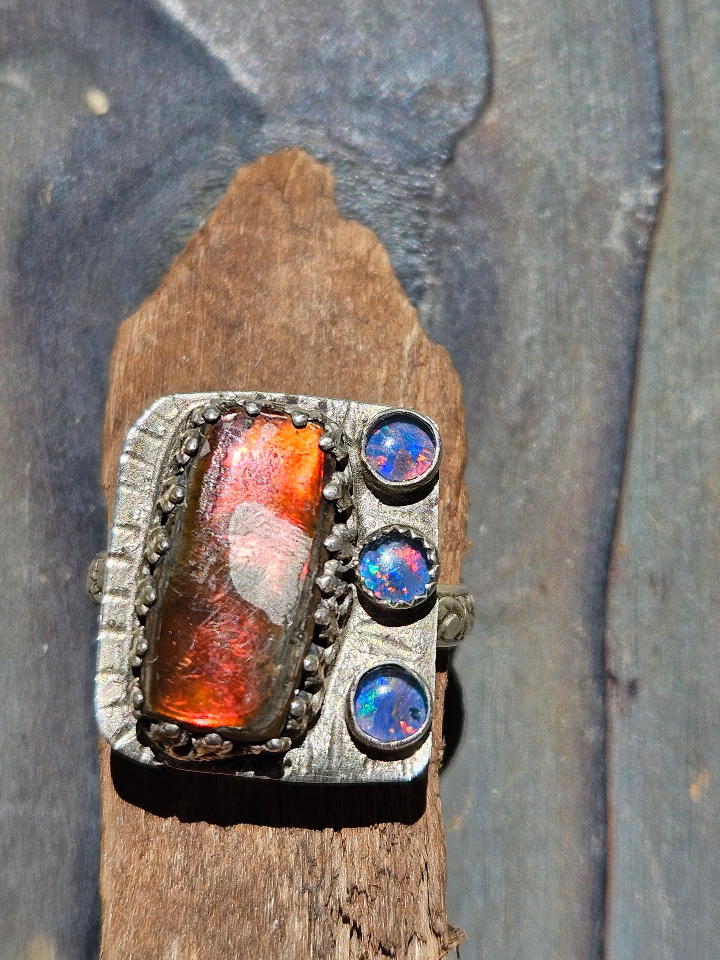 Ammolite and Black Australian Opal Ring, size 8