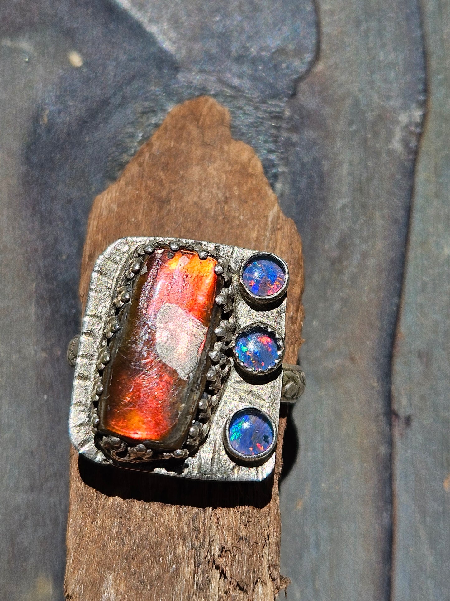Ammolite and Black Australian Opal Ring, size 8
