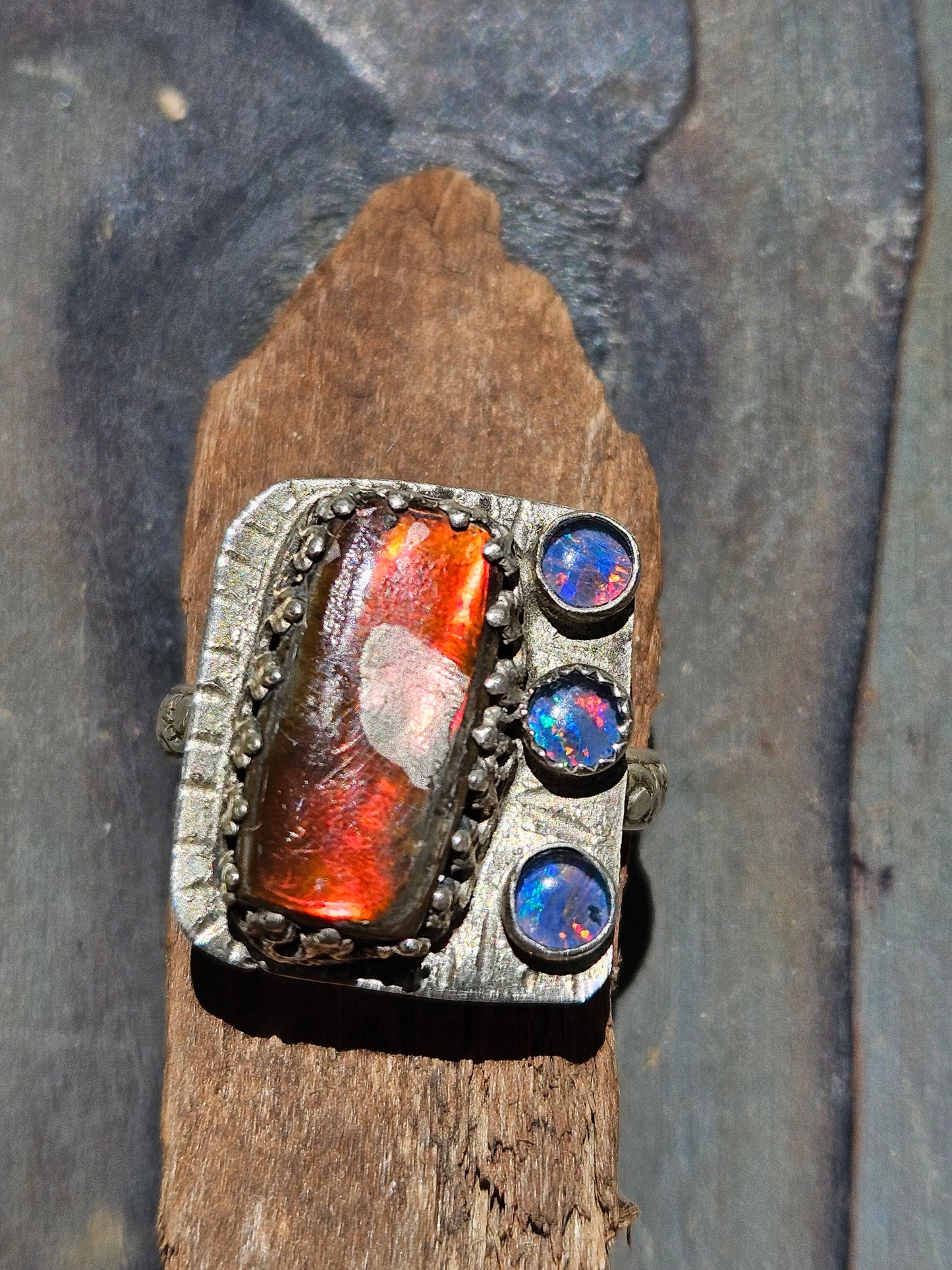 Ammolite and Black Australian Opal Ring, size 8