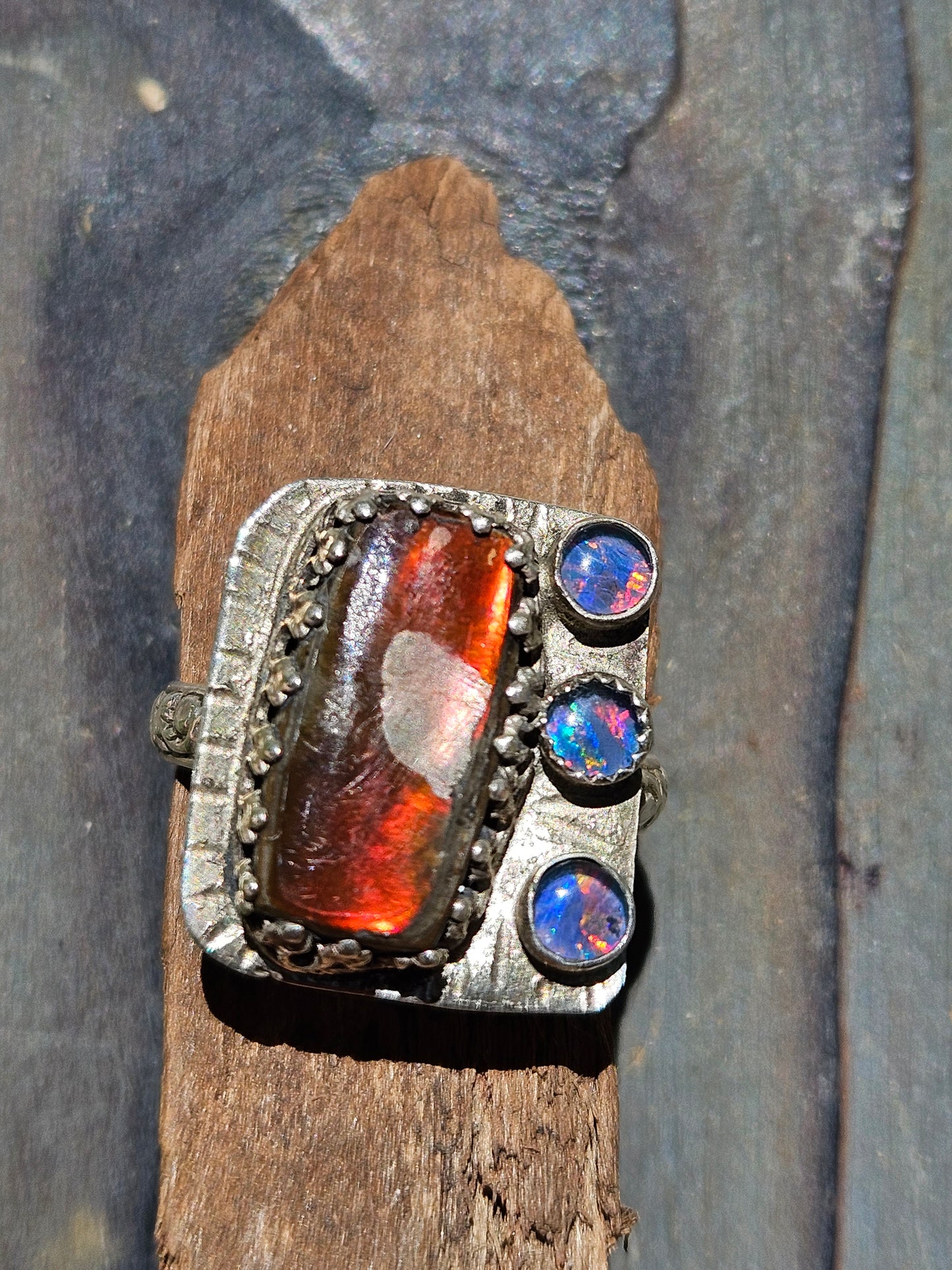 Ammolite and Black Australian Opal Ring, size 8