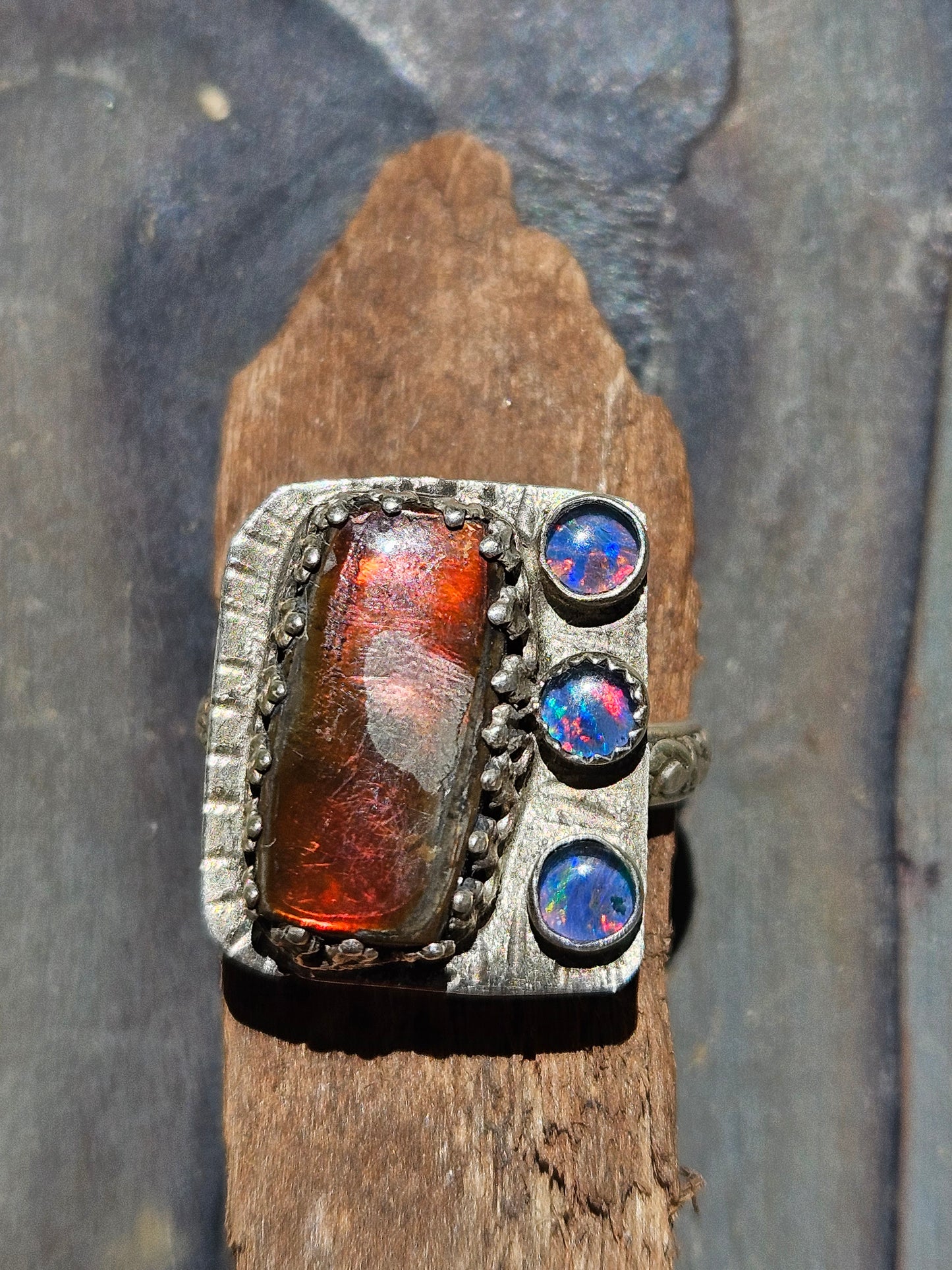 Ammolite and Black Australian Opal Ring, size 8
