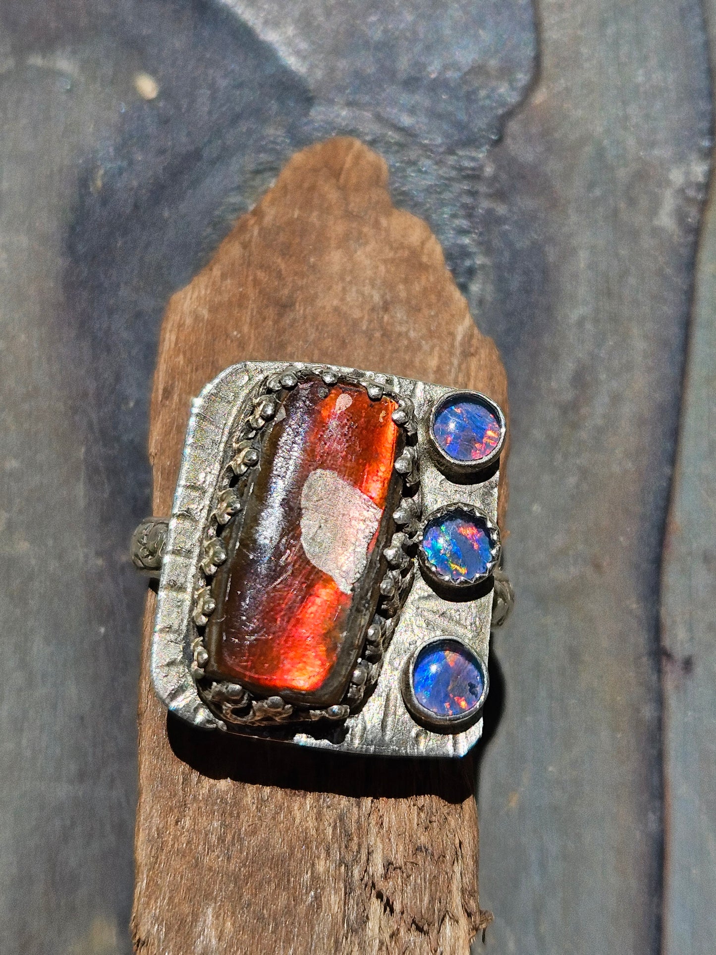 Ammolite and Black Australian Opal Ring, size 8