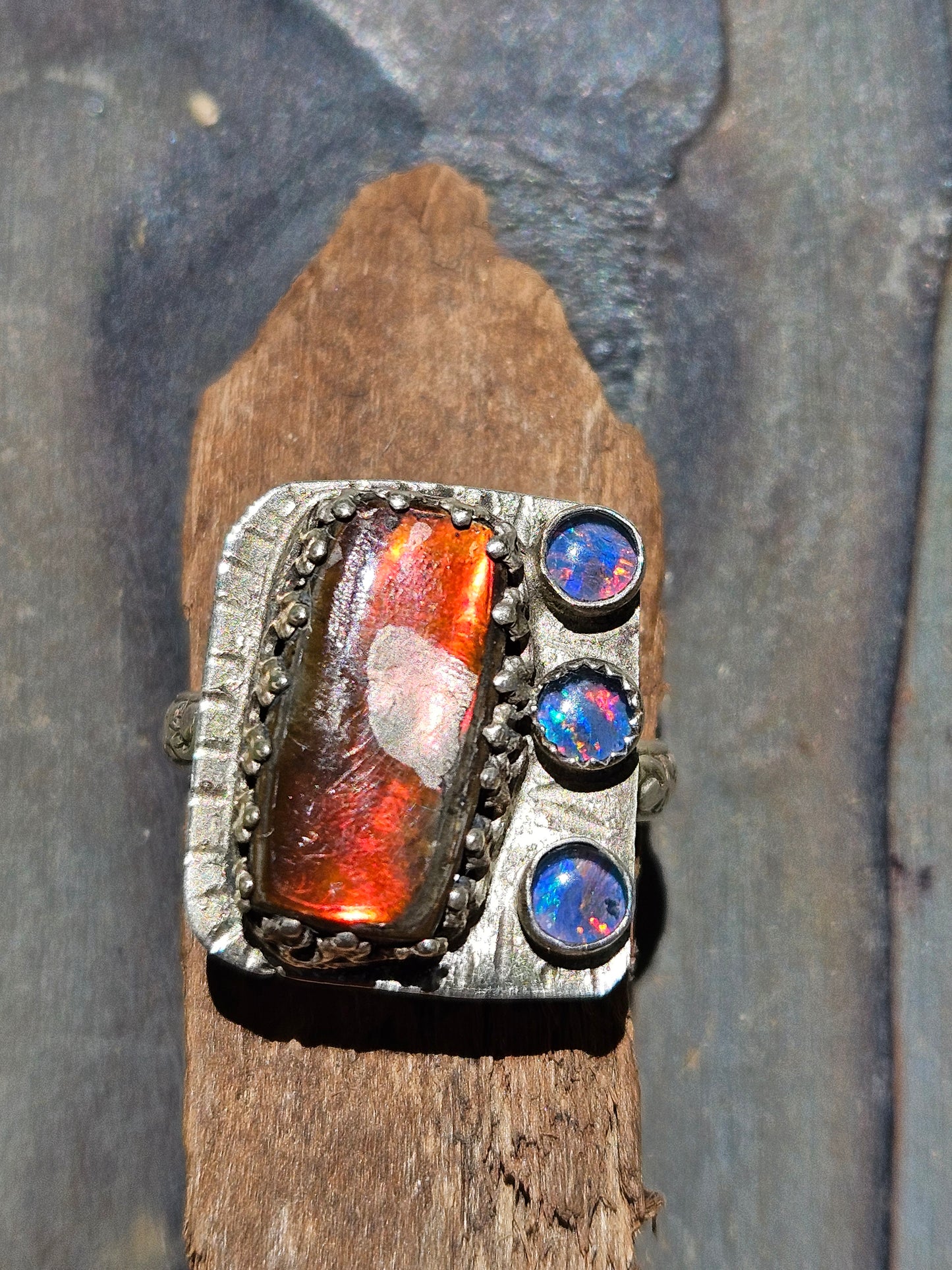 Ammolite and Black Australian Opal Ring, size 8