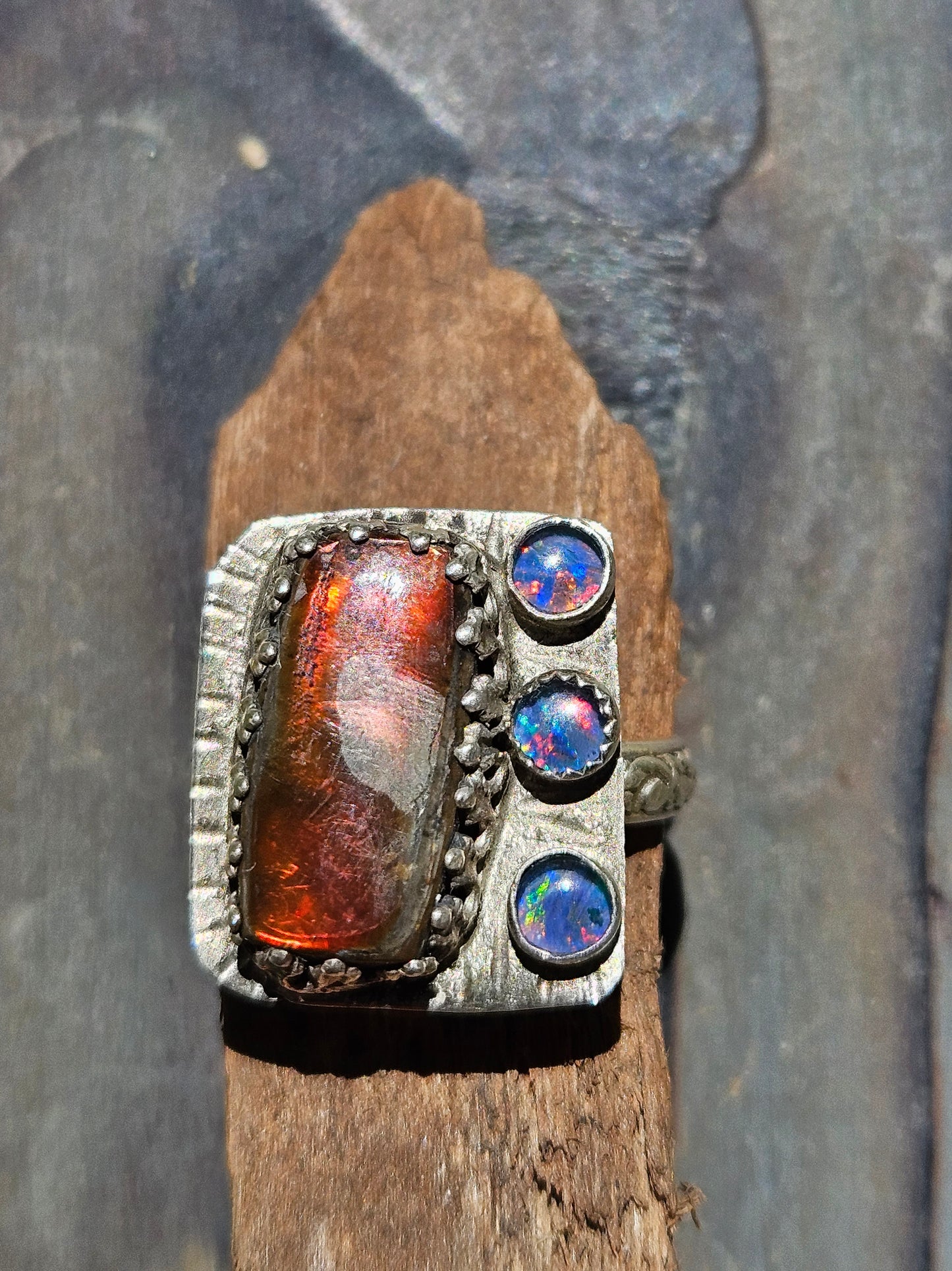 Ammolite and Black Australian Opal Ring, size 8