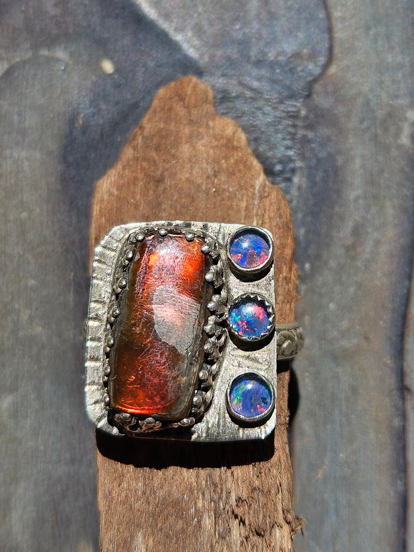 Ammolite and Black Australian Opal Ring, size 8