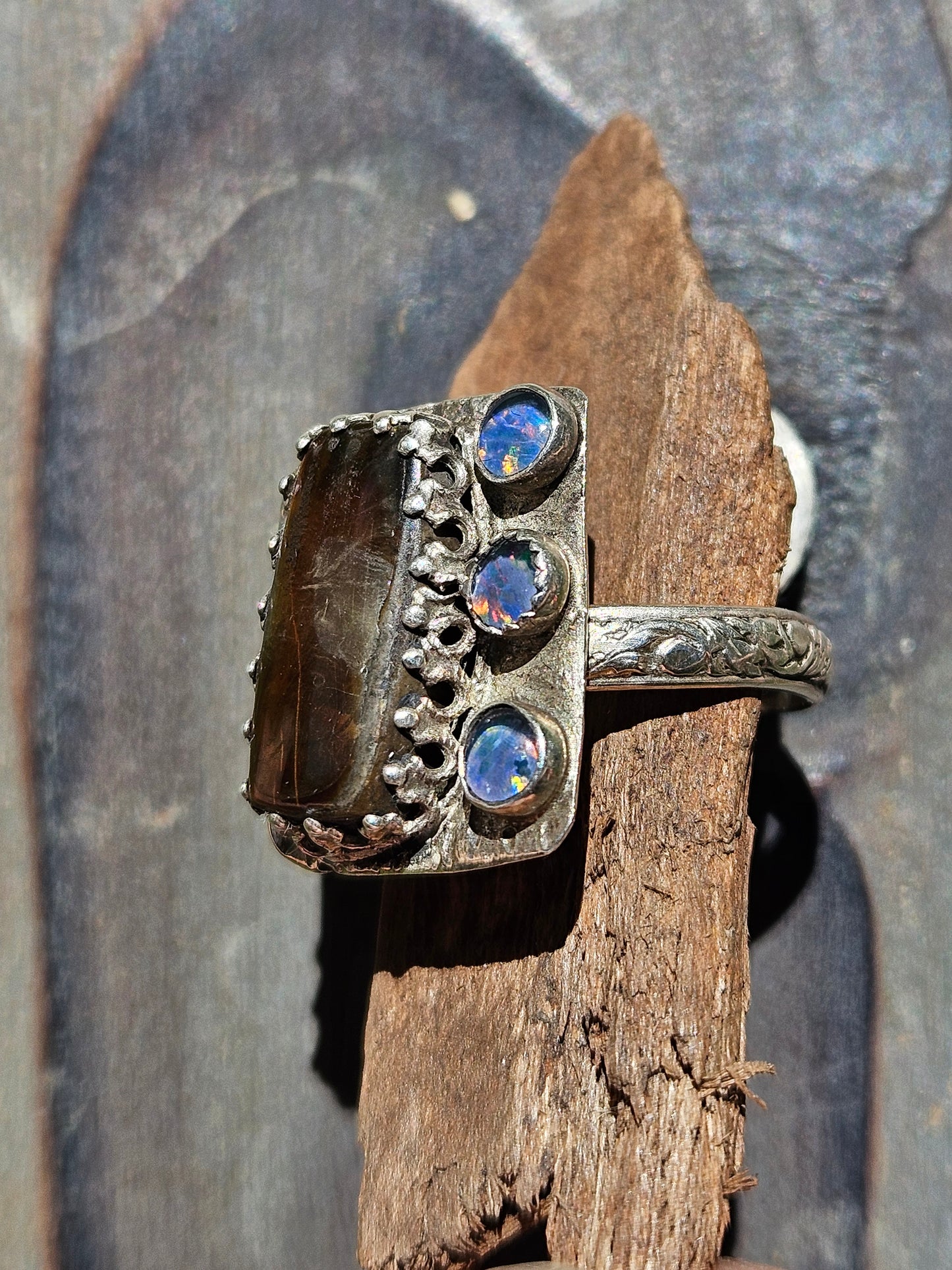 Ammolite and Black Australian Opal Ring, size 8