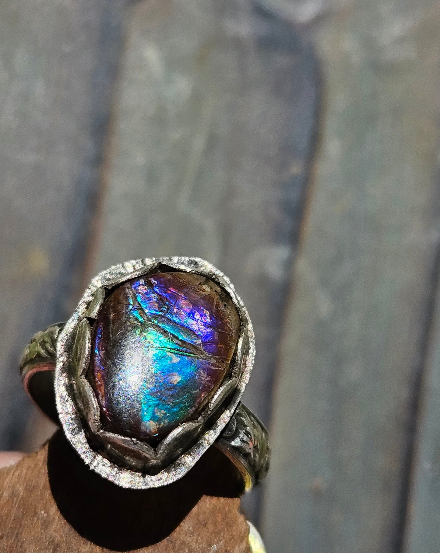 "Peacock" Ammolite Ring, 4.5