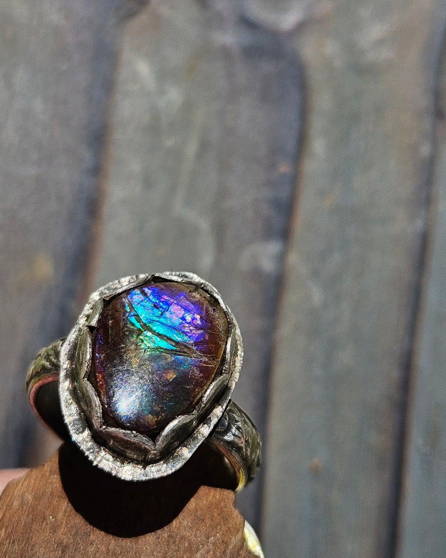 "Peacock" Ammolite Ring, 4.5