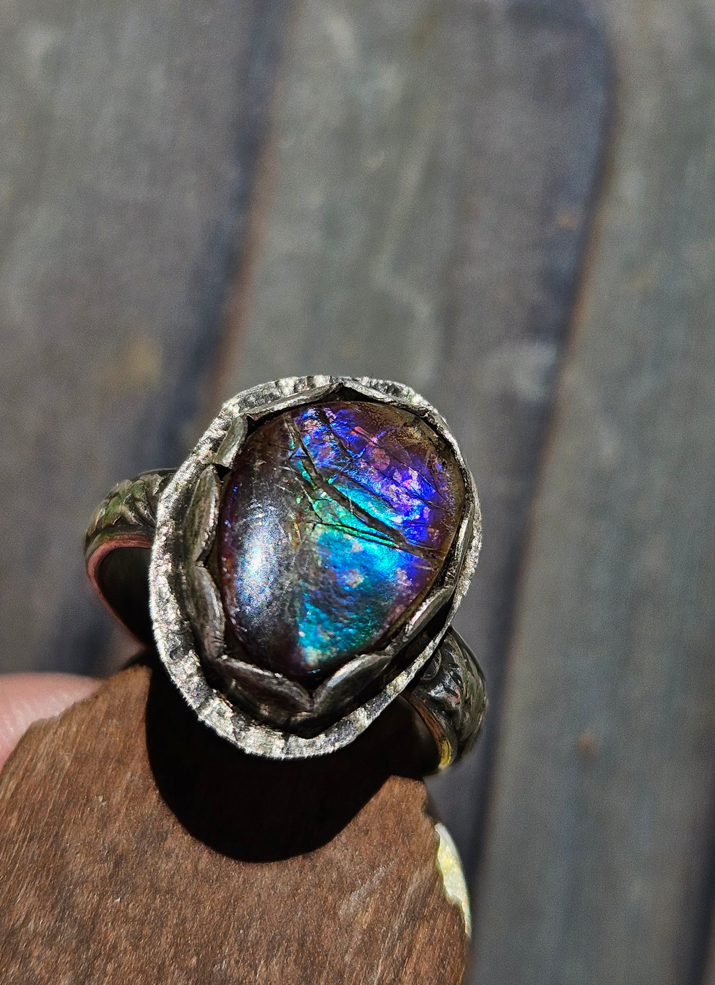 "Peacock" Ammolite Ring, 4.5