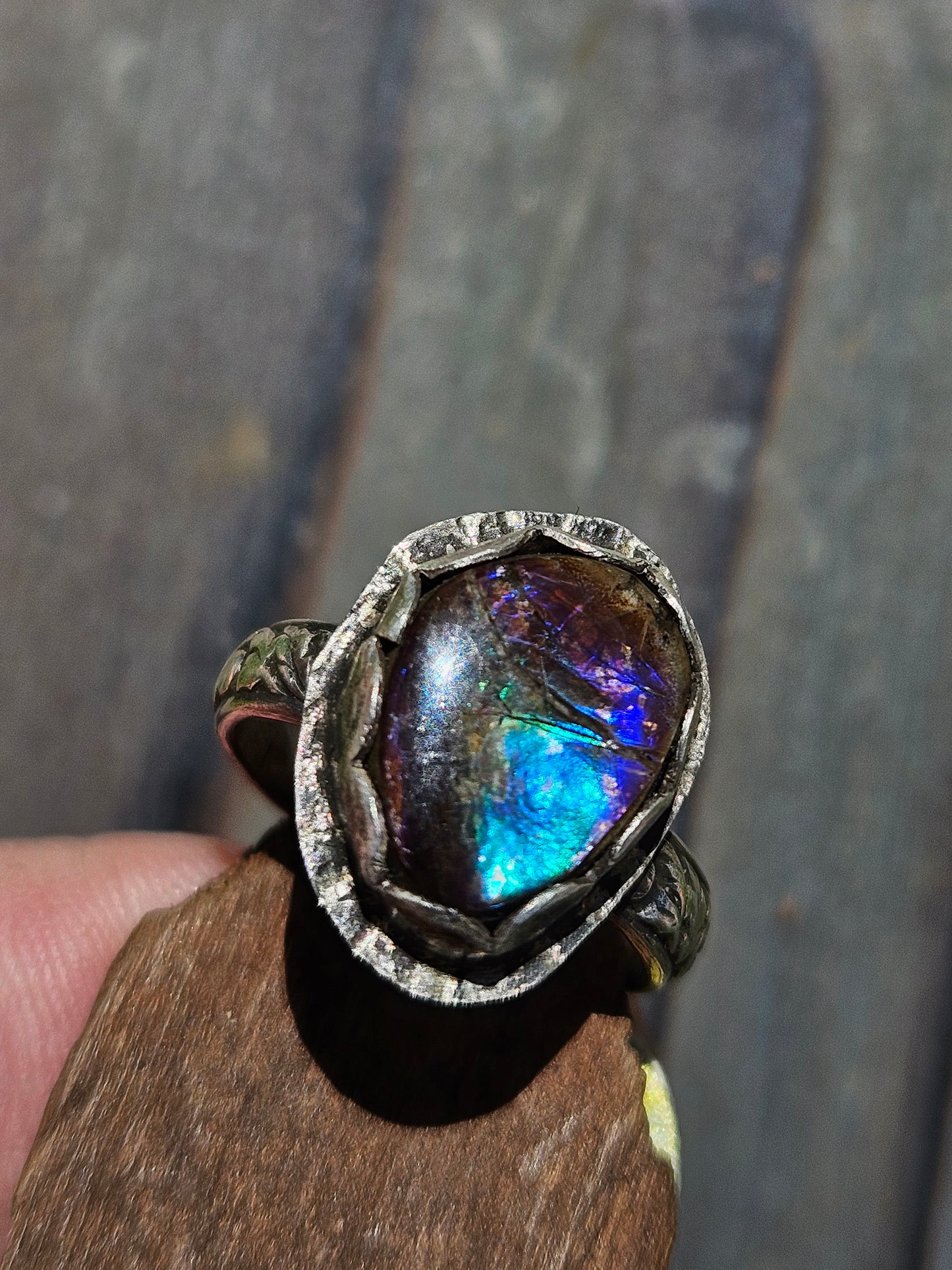 "Peacock" Ammolite Ring, 4.5