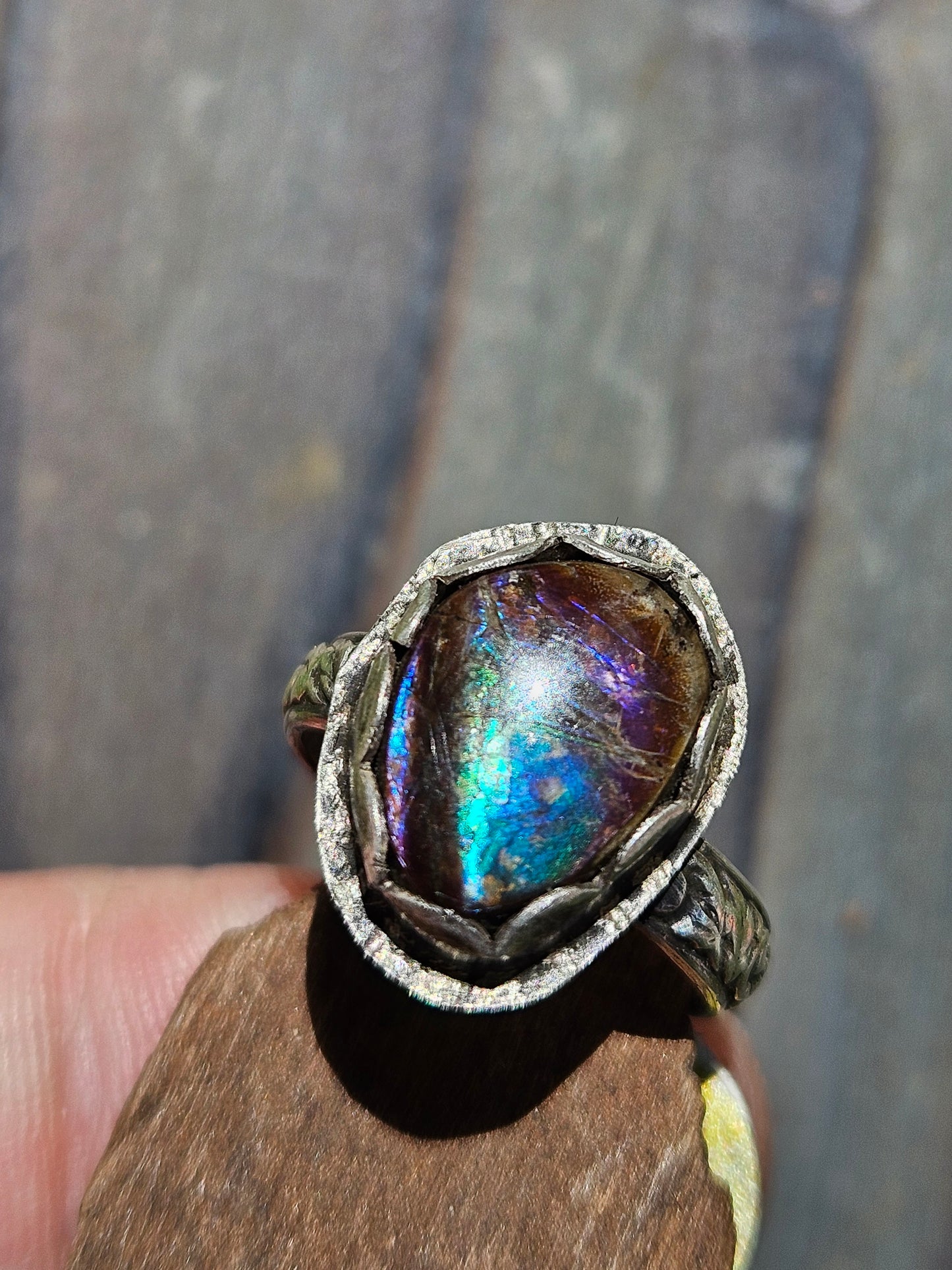 "Peacock" Ammolite Ring, 4.5