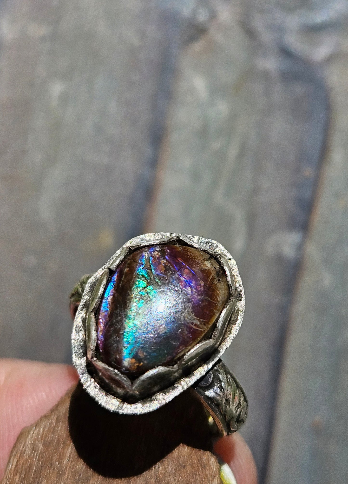 "Peacock" Ammolite Ring, 4.5