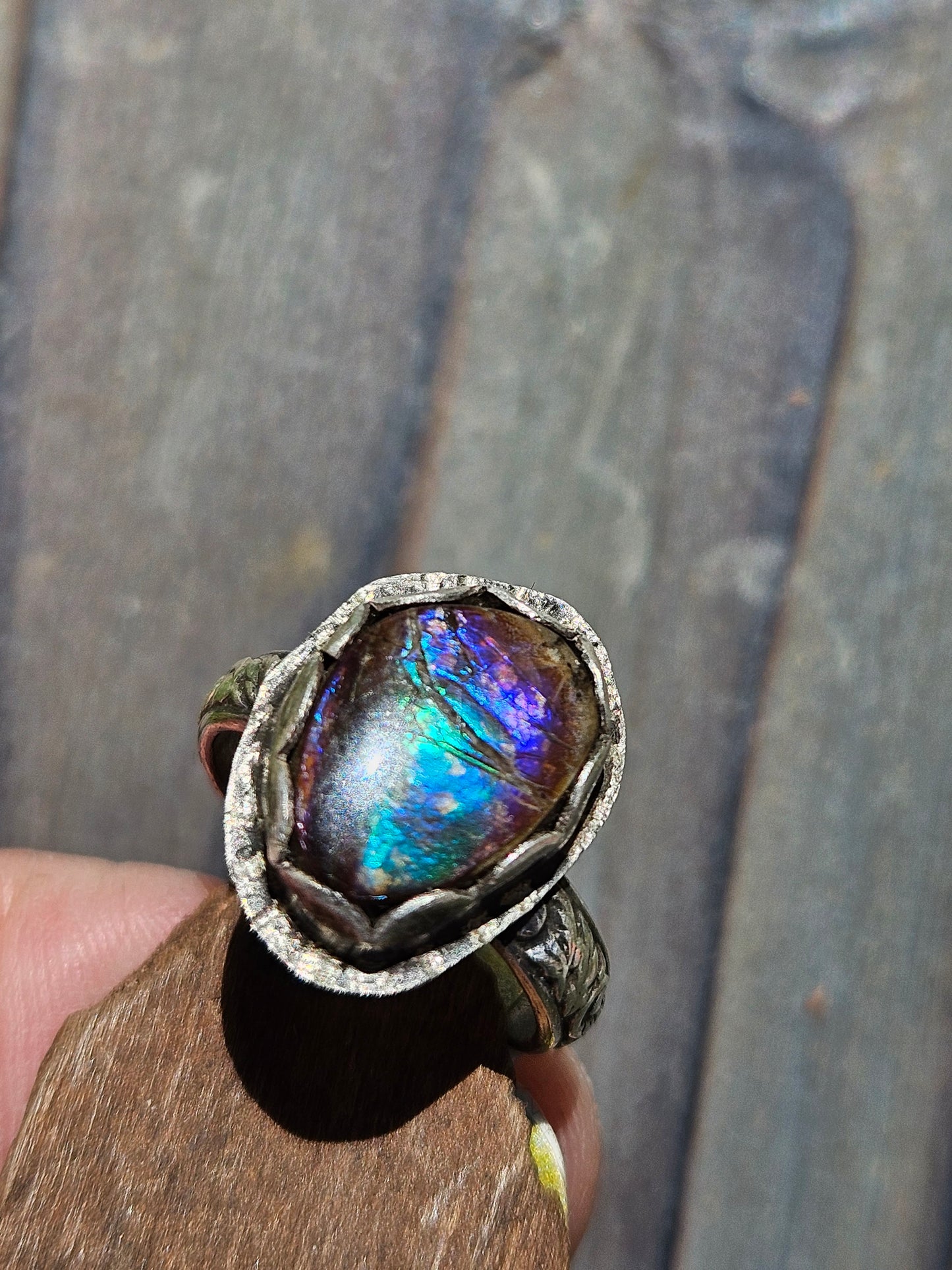 "Peacock" Ammolite Ring, 4.5