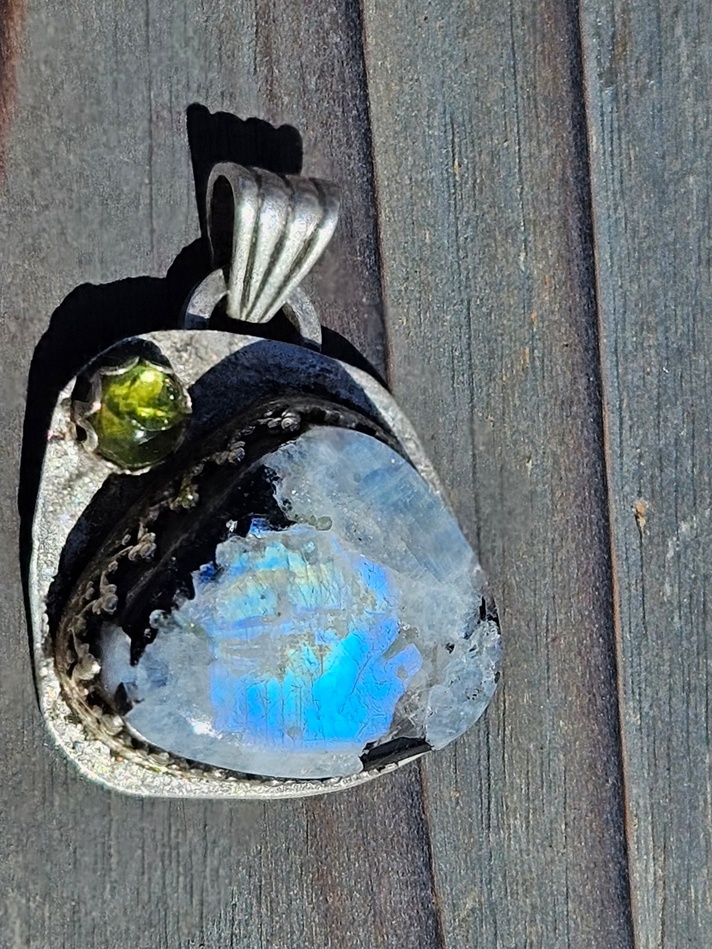 "Mountains" Moonstone and Peridot Pendant