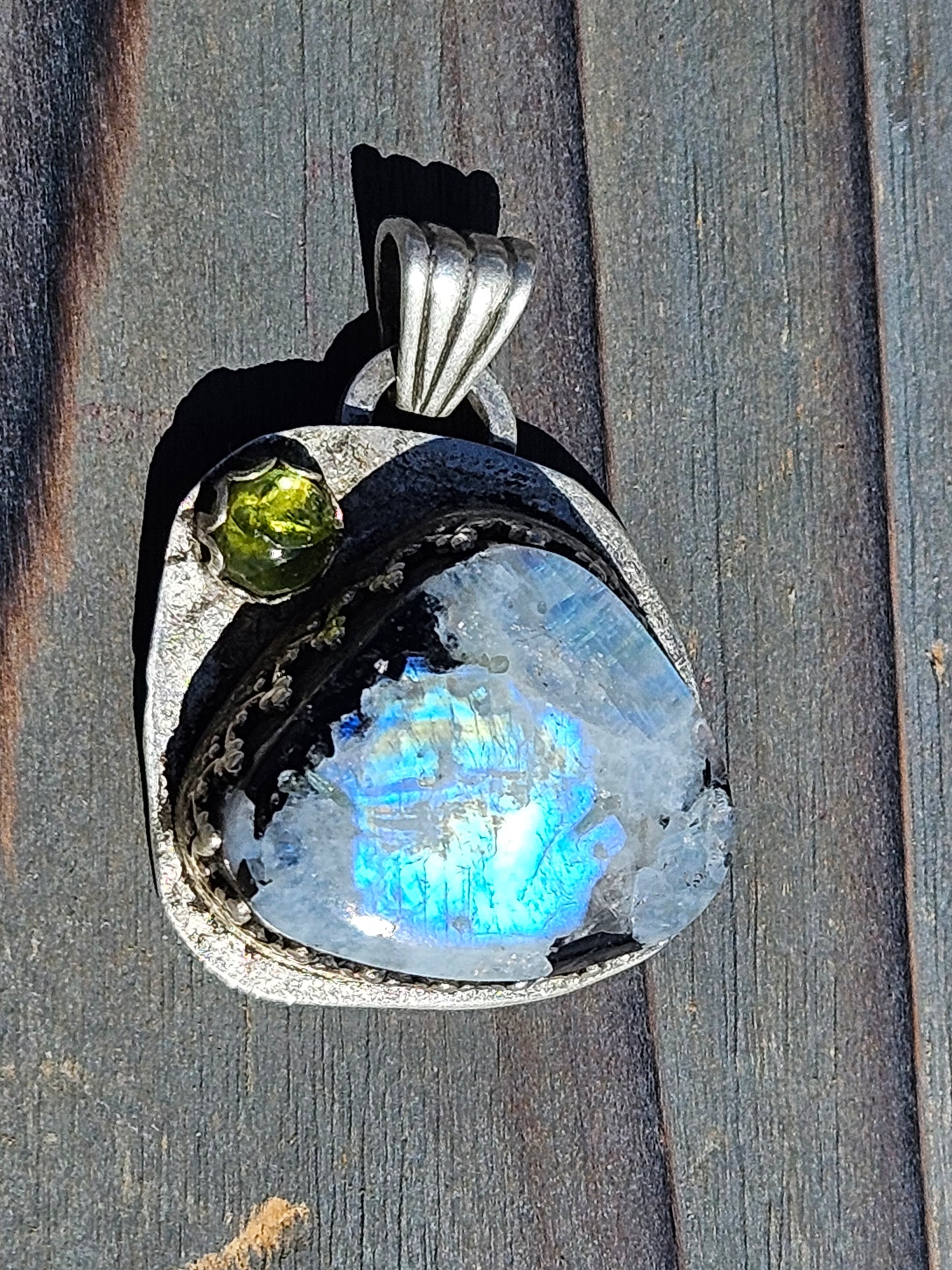 "Mountains" Moonstone and Peridot Pendant