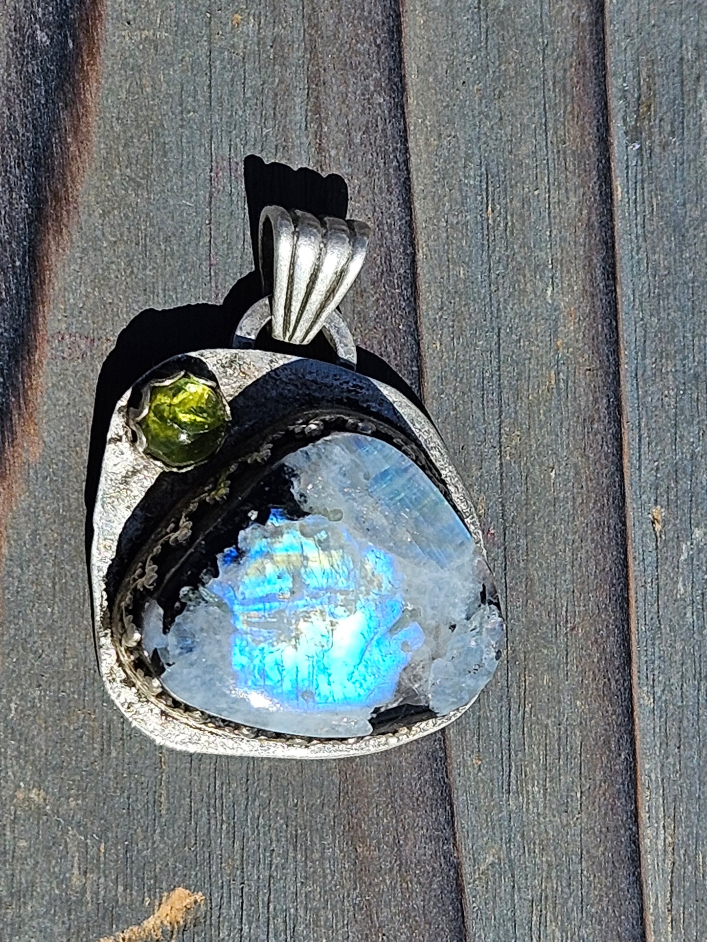 "Mountains" Moonstone and Peridot Pendant