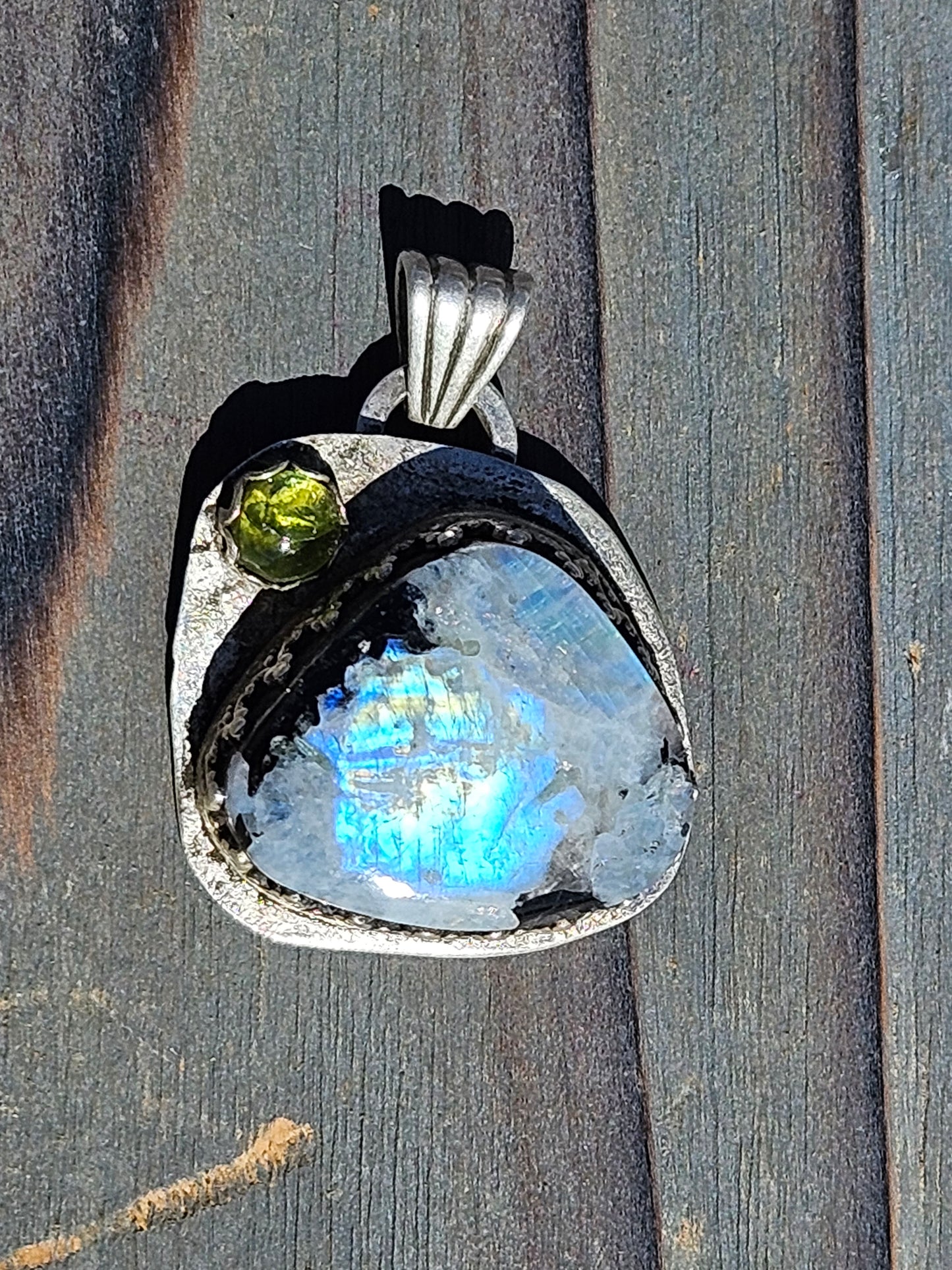 "Mountains" Moonstone and Peridot Pendant