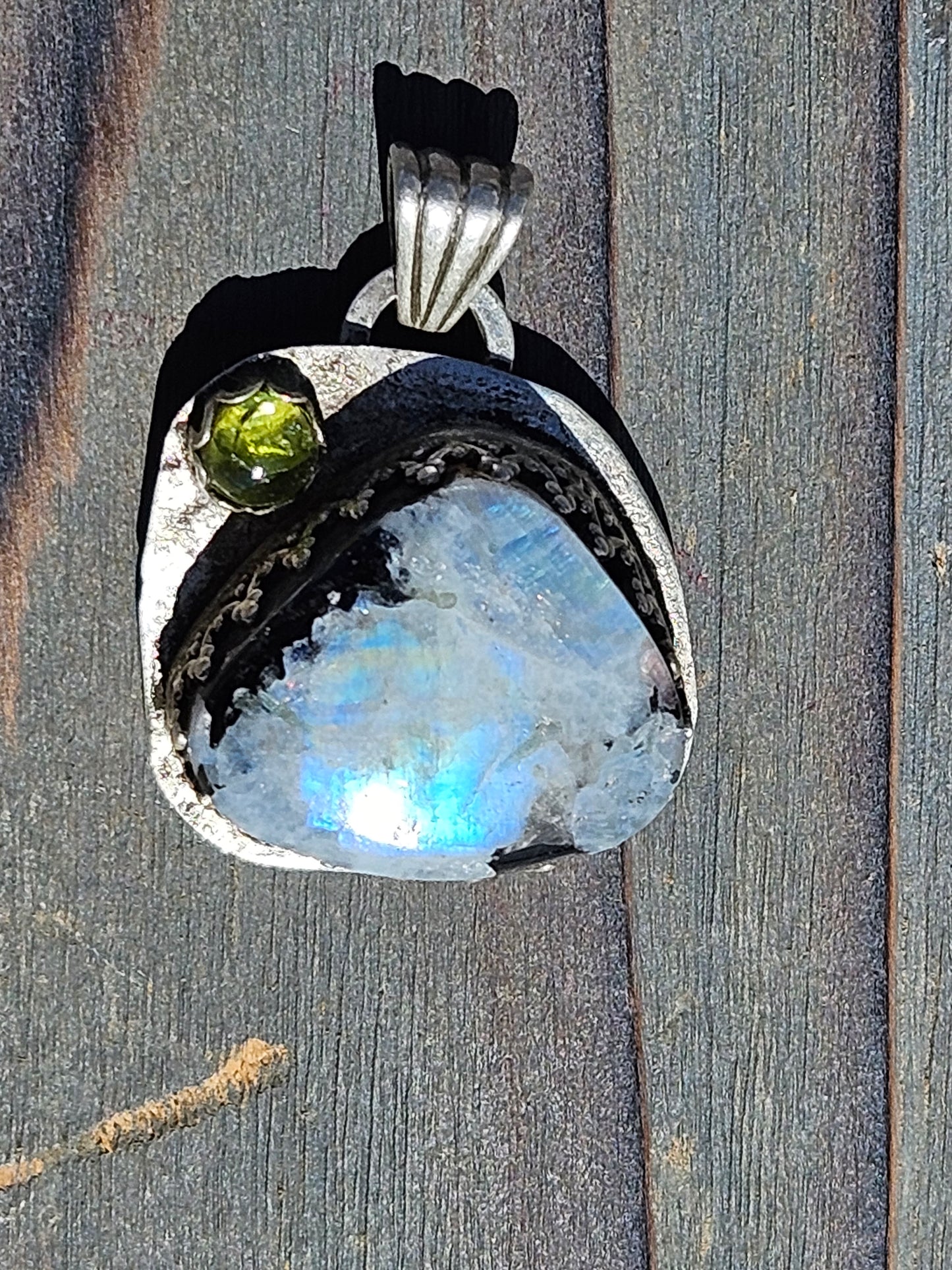 "Mountains" Moonstone and Peridot Pendant
