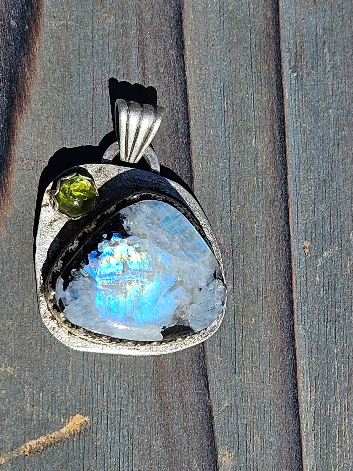 "Mountains" Moonstone and Peridot Pendant