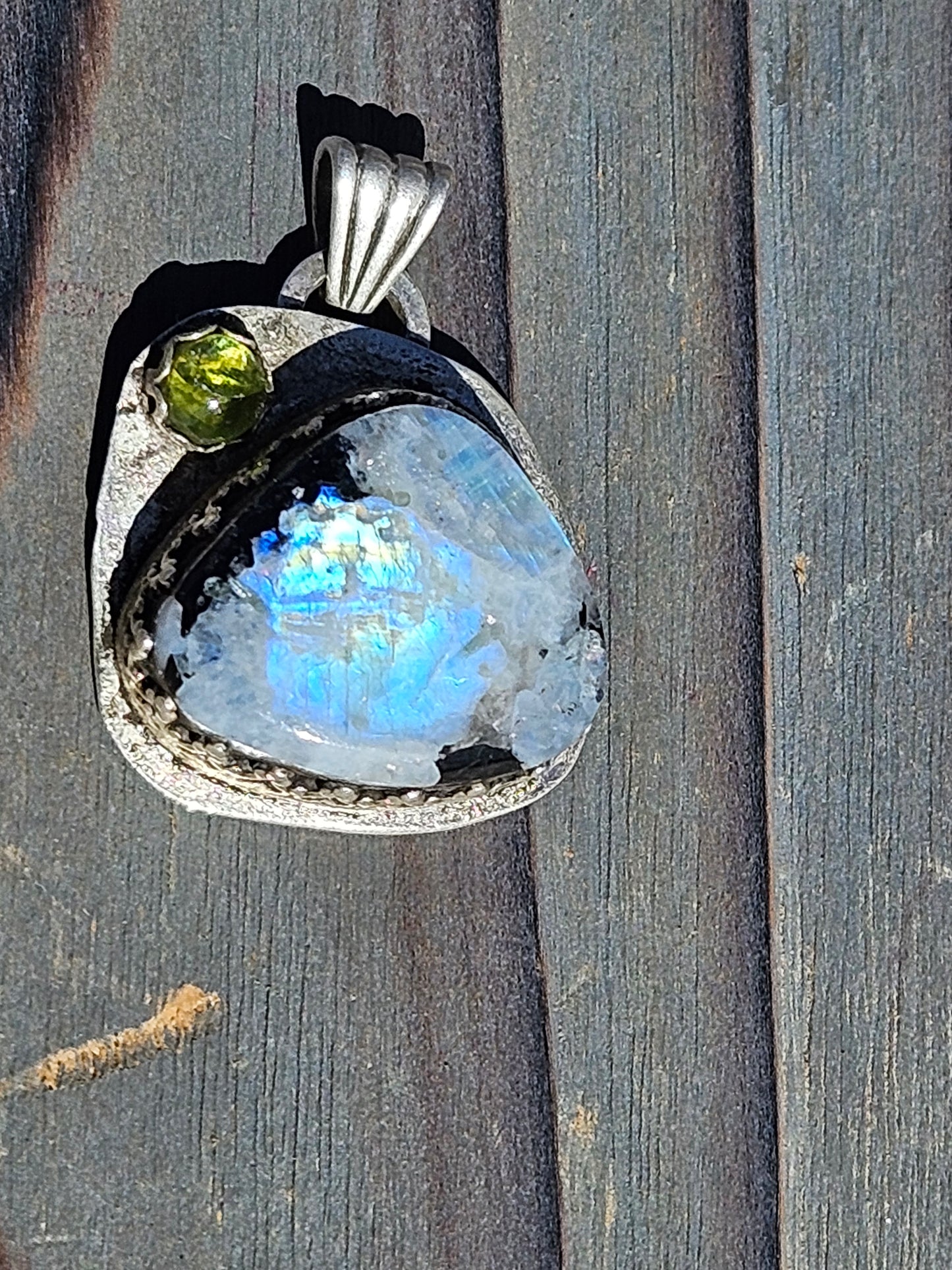 "Mountains" Moonstone and Peridot Pendant