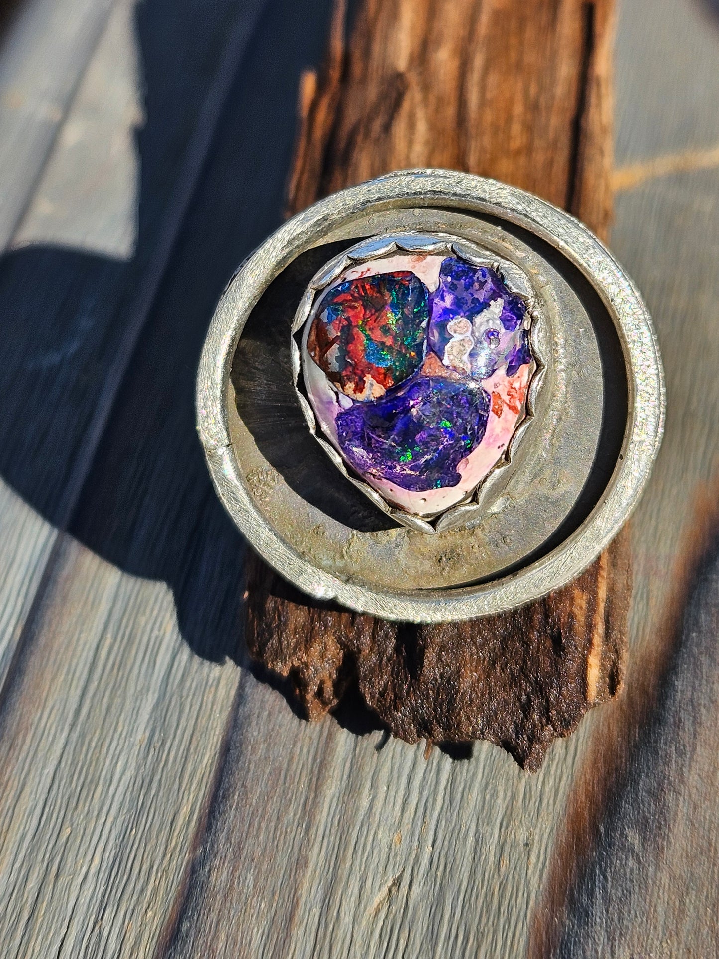 Mexican Galaxy Opal Shadow Box Ring, Size 9
