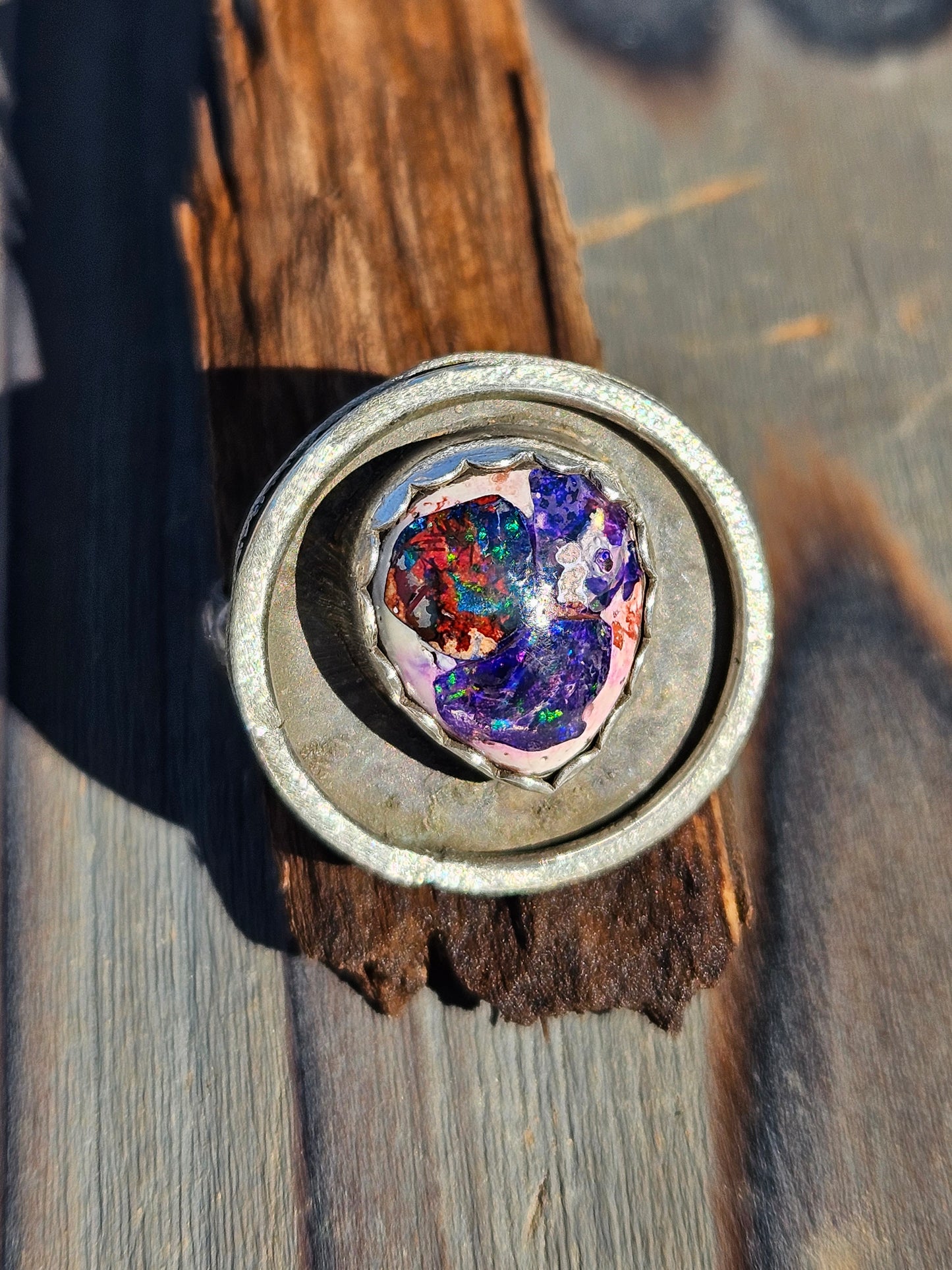 Mexican Galaxy Opal Shadow Box Ring, Size 9