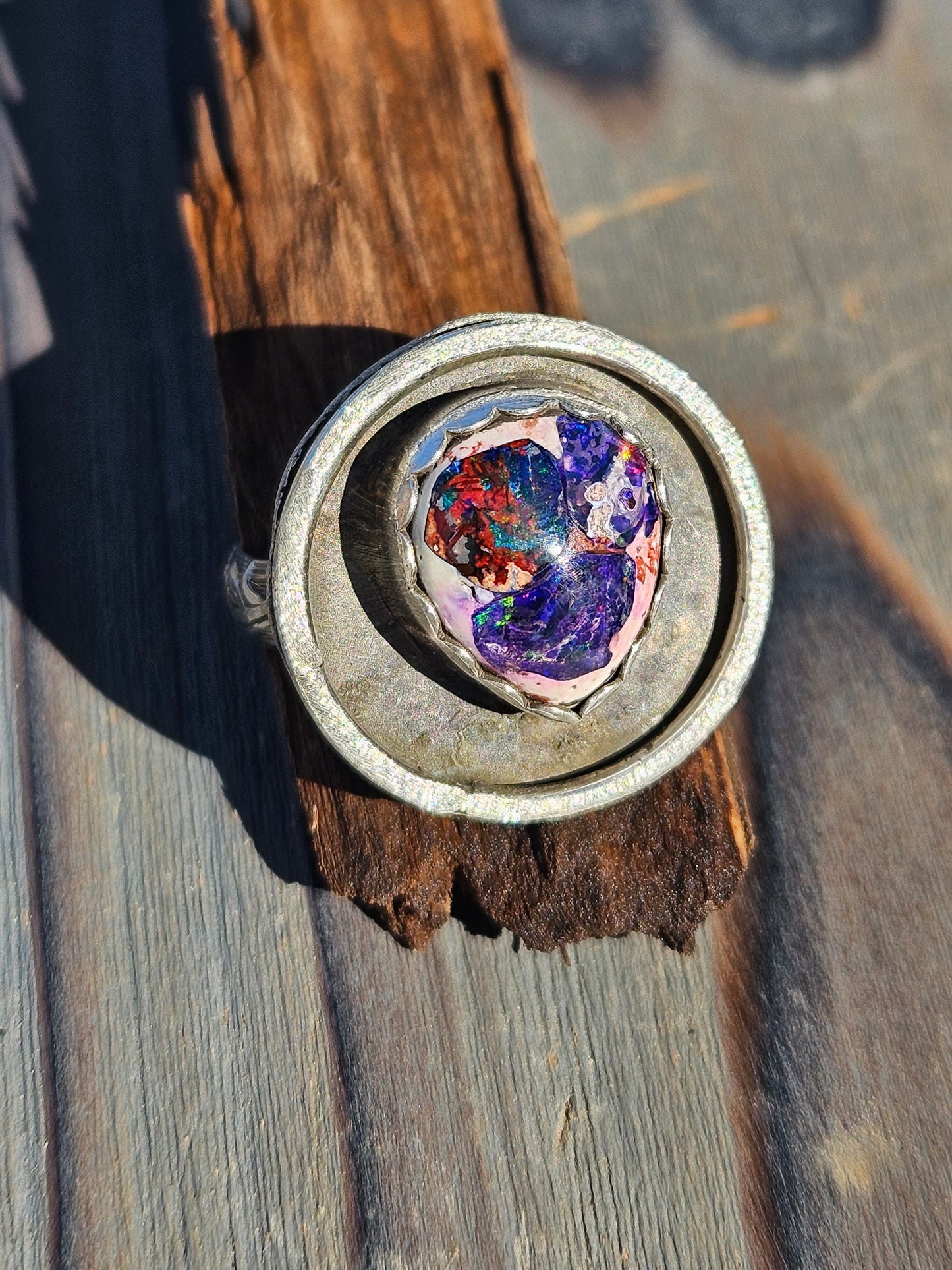 Mexican Galaxy Opal Shadow Box Ring, Size 9