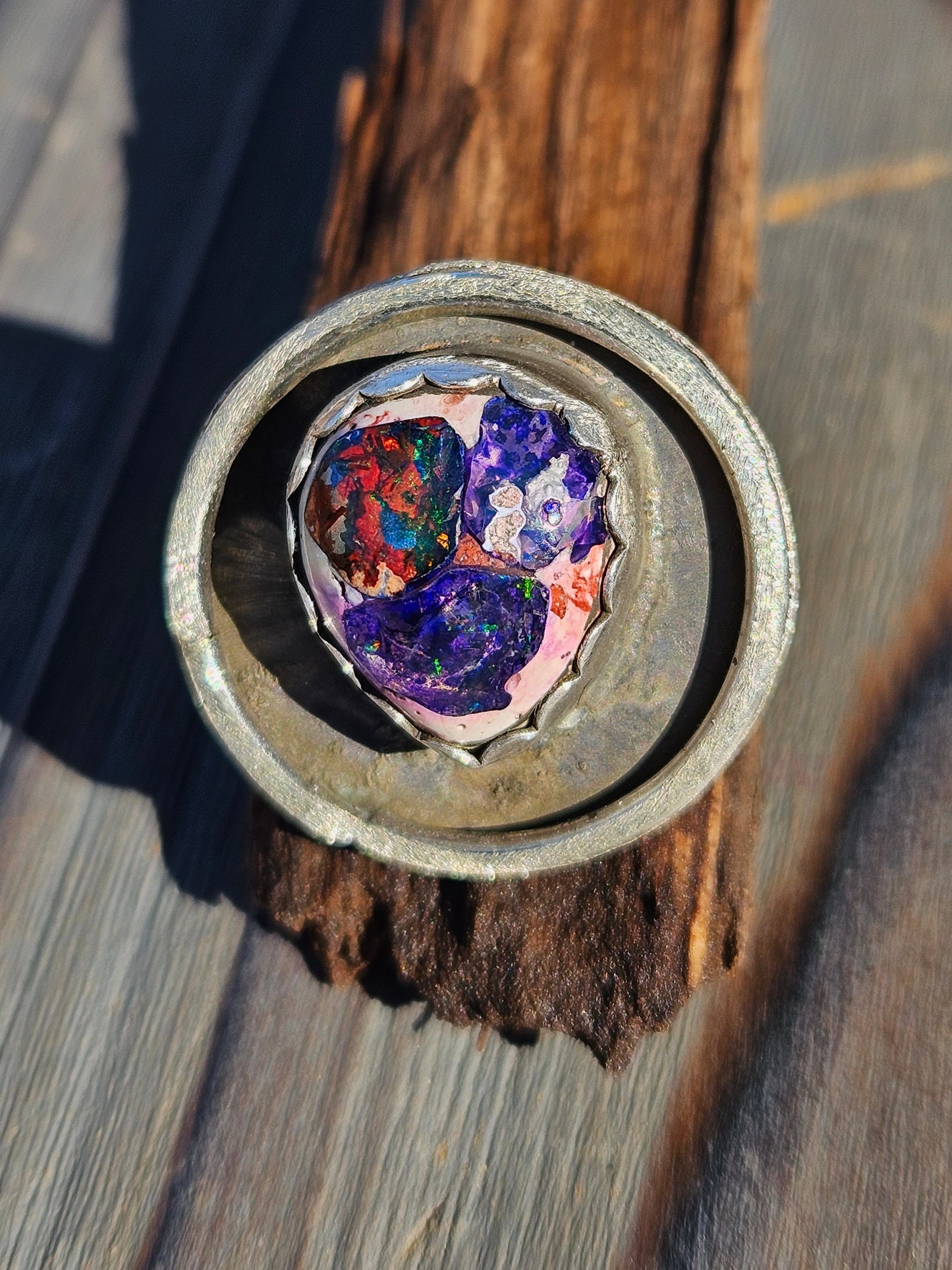 Mexican Galaxy Opal Shadow Box Ring, Size 9