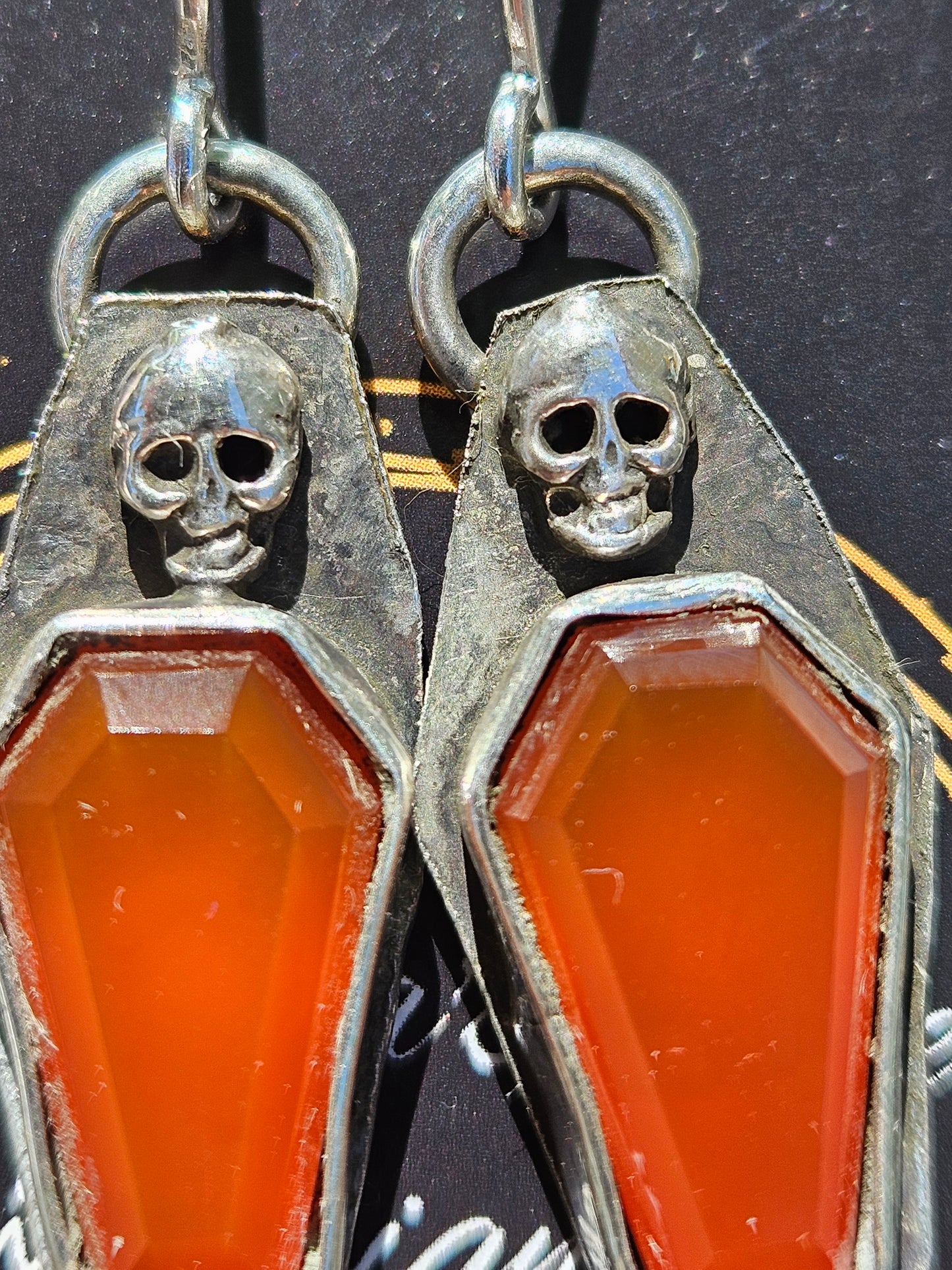 "Vial" Carnelian and Skull Coffin Earrings