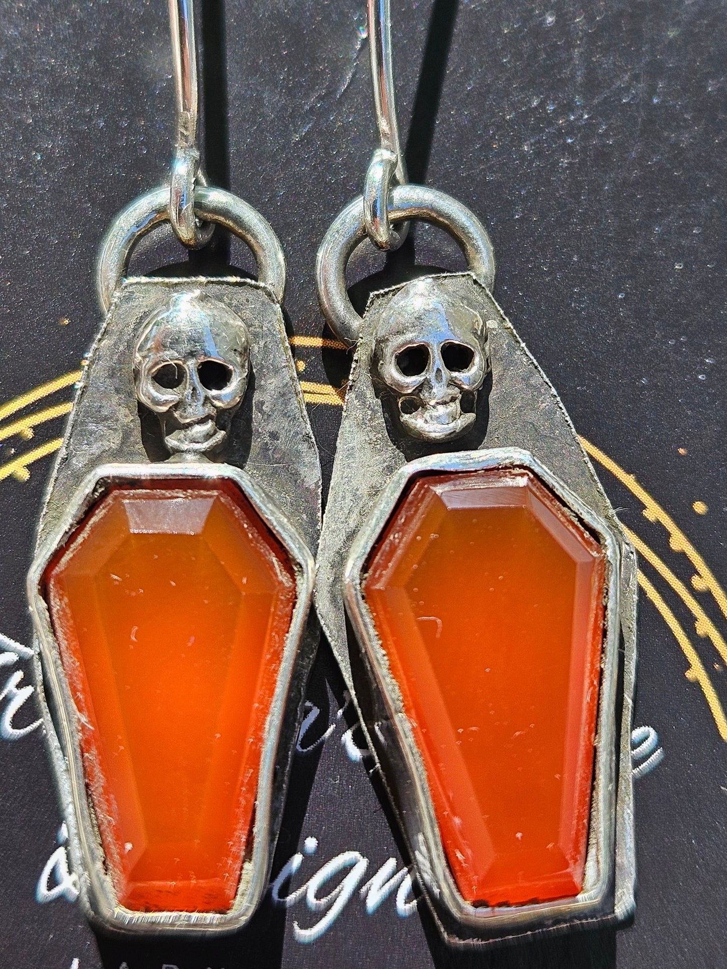 "Vial" Carnelian and Skull Coffin Earrings