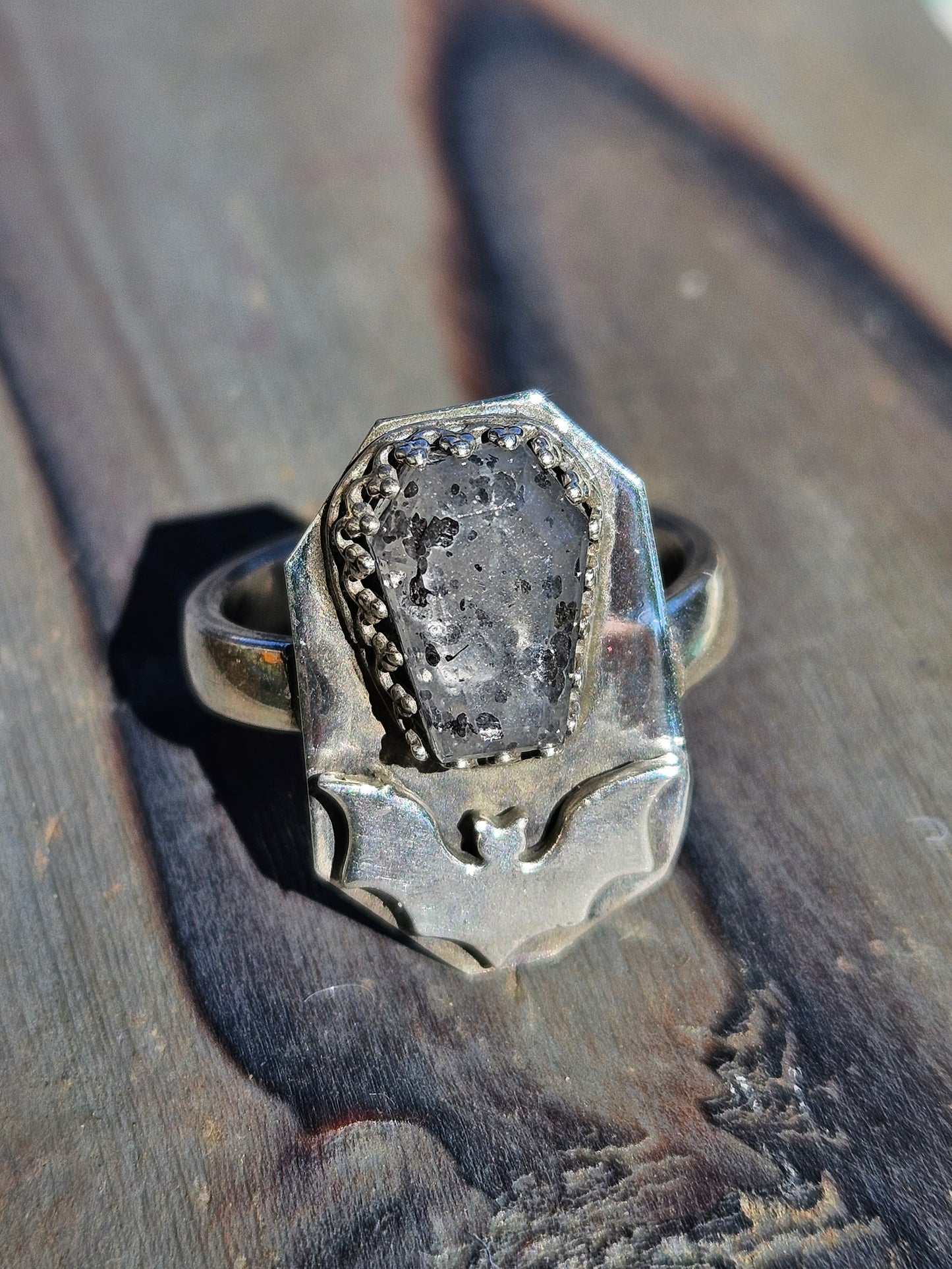 Black Sunstone and Bat Ring, Size 6
