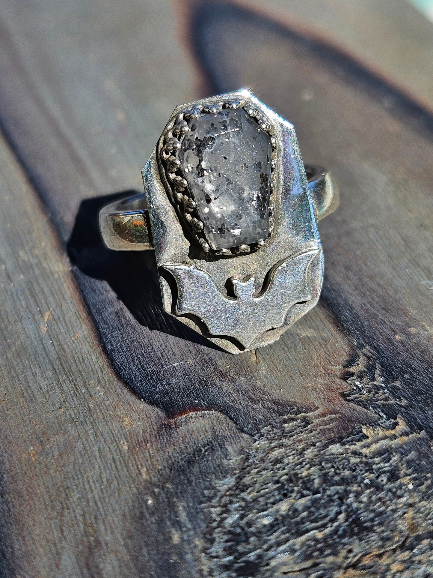 Black Sunstone and Bat Ring, Size 6
