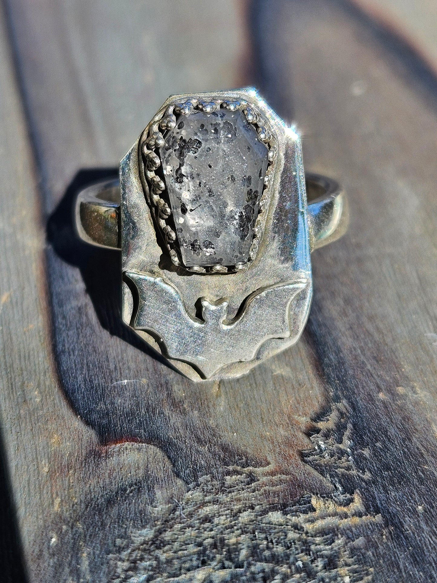 Black Sunstone and Bat Ring, Size 6