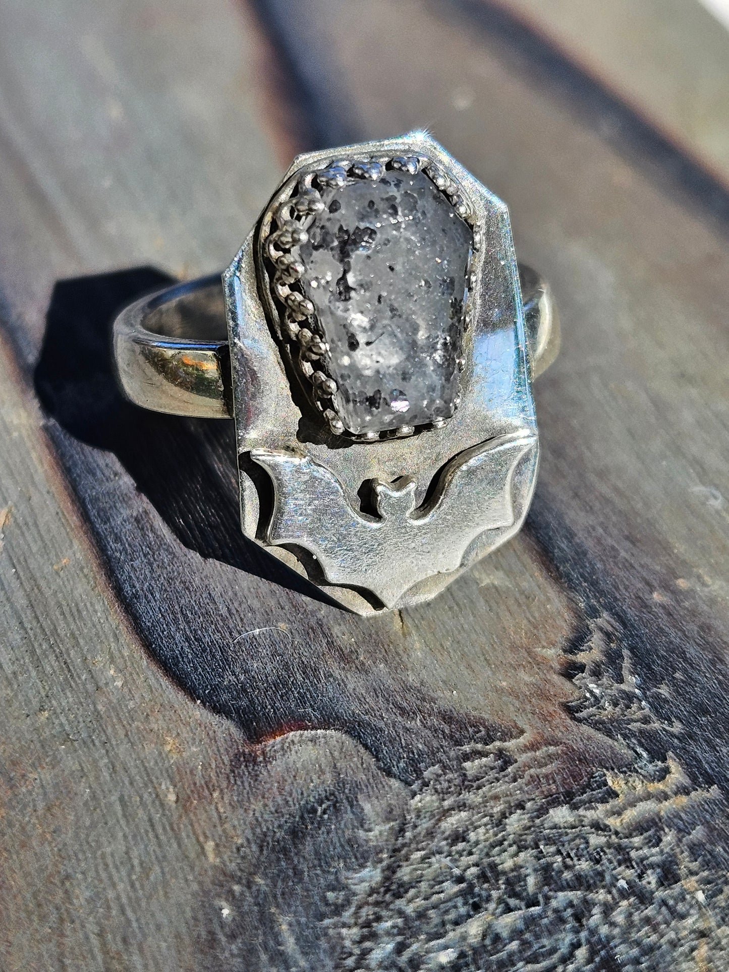 Black Sunstone and Bat Ring, Size 6