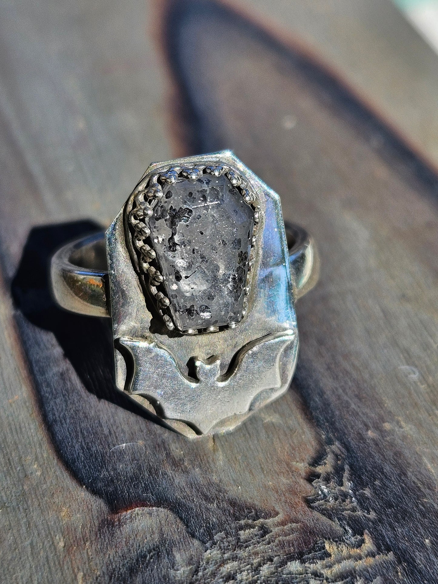 Black Sunstone and Bat Ring, Size 6