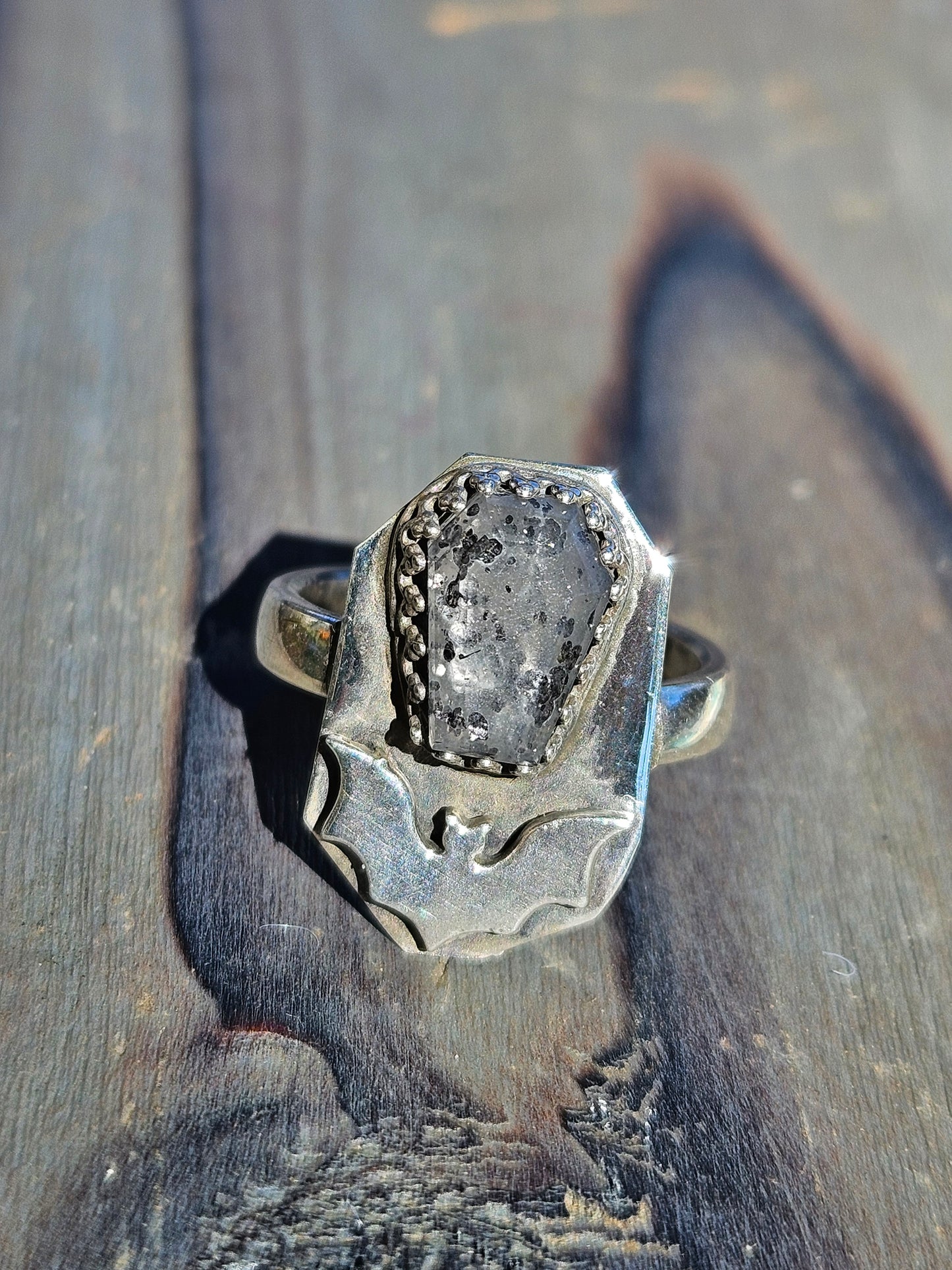 Black Sunstone and Bat Ring, Size 6