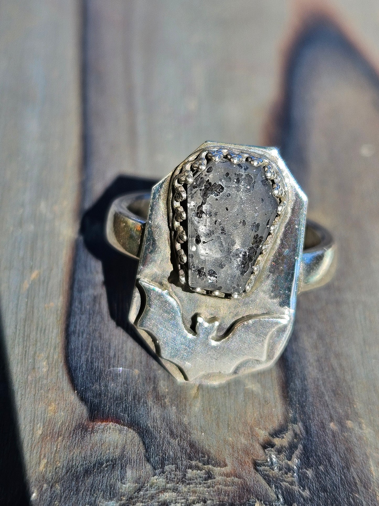 Black Sunstone and Bat Ring, Size 6