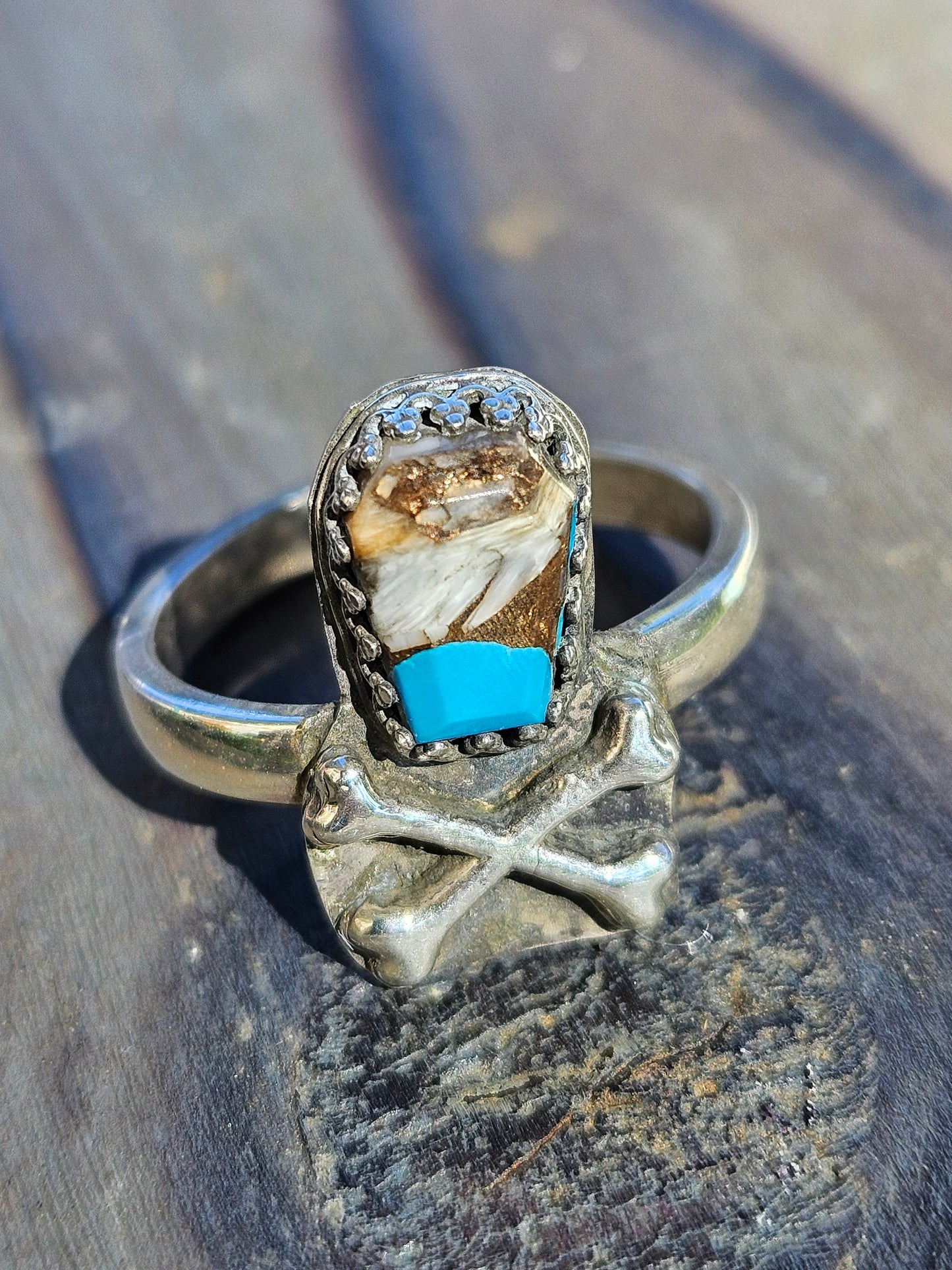 Turquoise Coffin and Crossbones Ring, Size 8.5