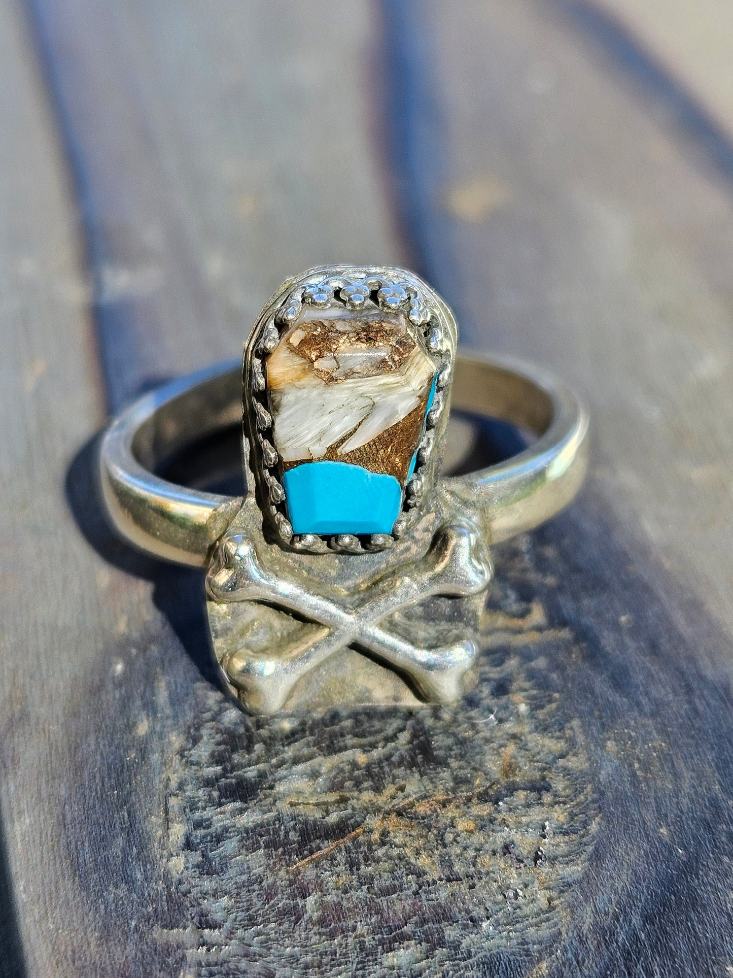 Turquoise Coffin and Crossbones Ring, Size 8.5