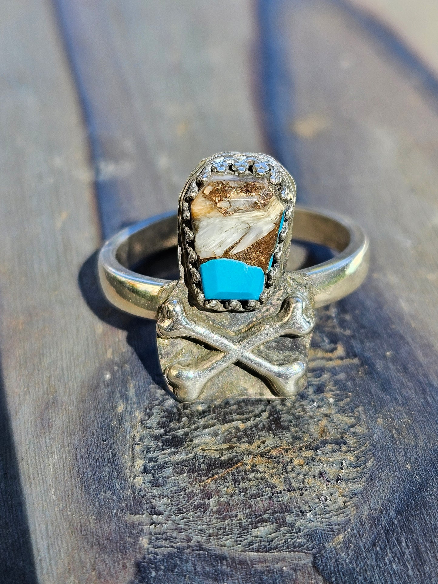 Turquoise Coffin and Crossbones Ring, Size 8.5
