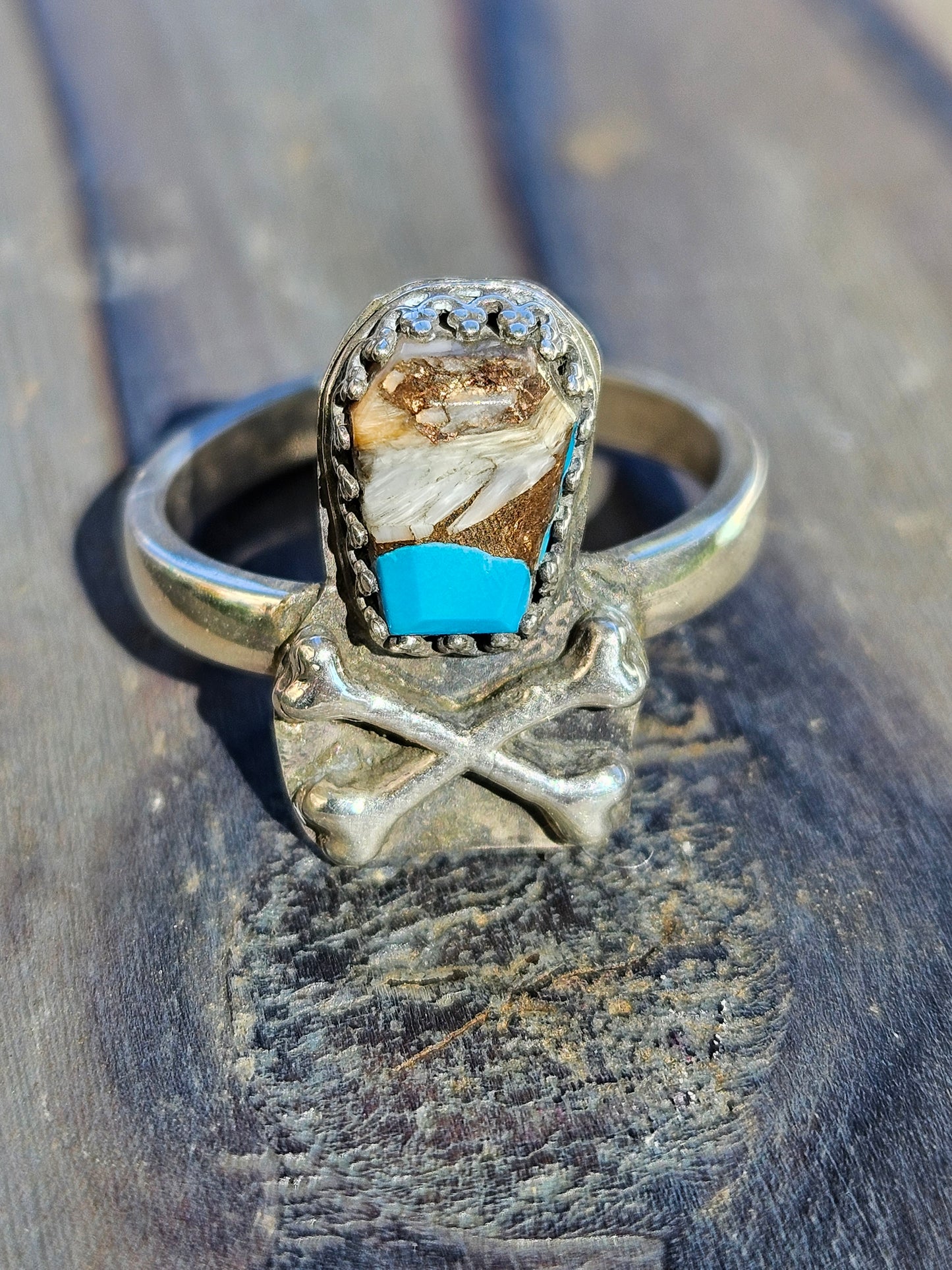Turquoise Coffin and Crossbones Ring, Size 8.5